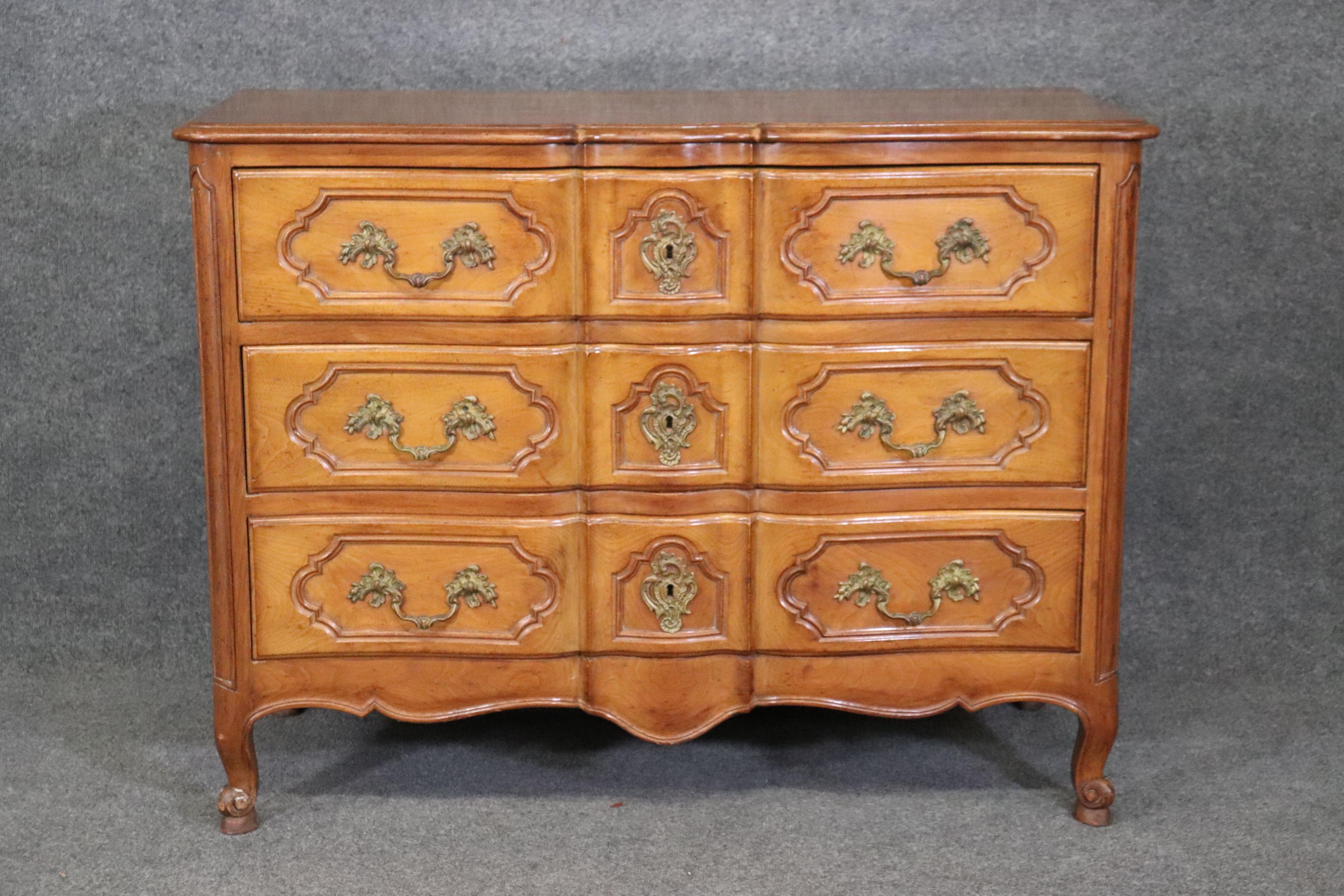 Bronze French Louis XV Style Walnut French Country Three Drawer Commode  For Sale