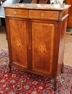 French Louis XV Style Walnut Inlaid Marble Top Dresser High Chest Circa 1920's
