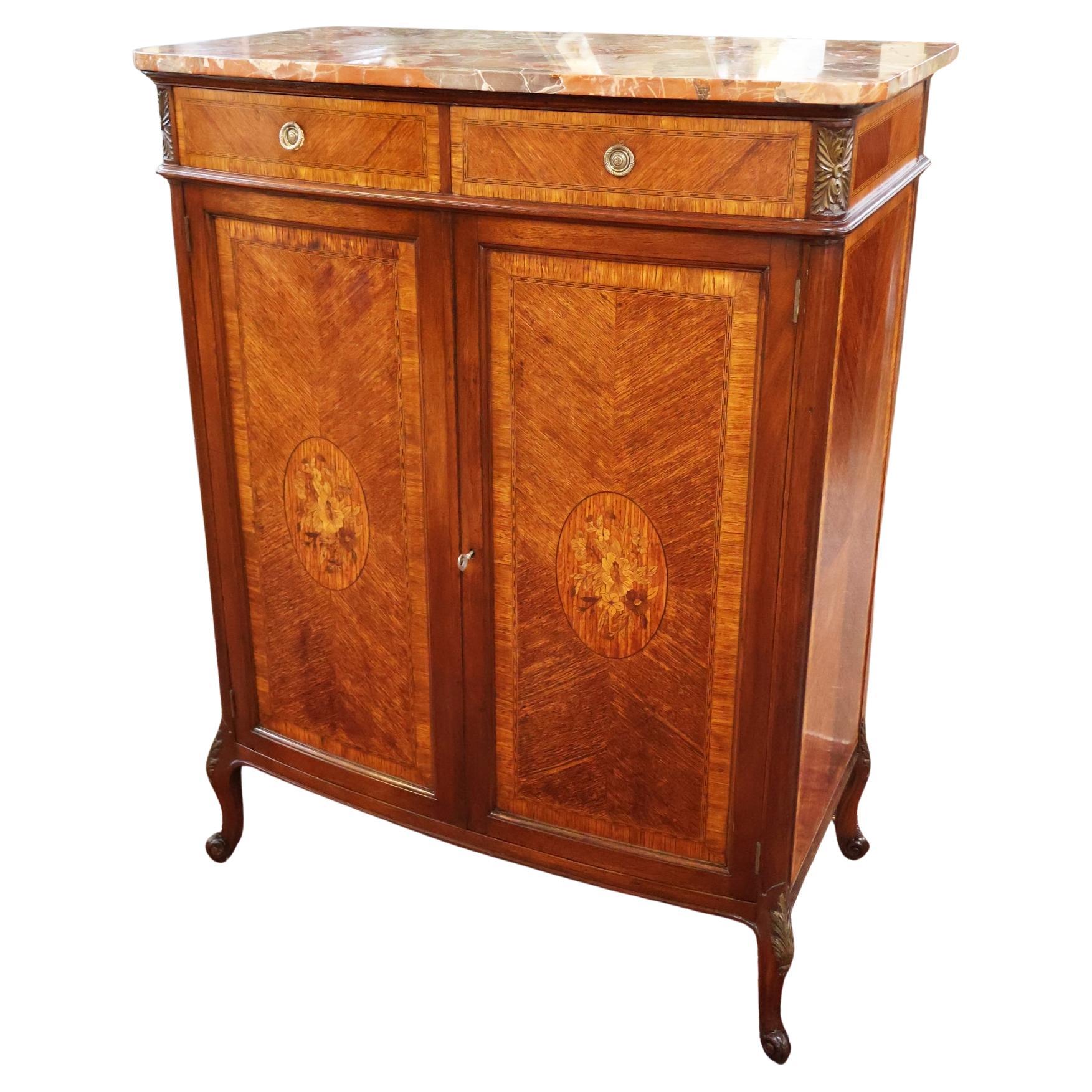 French Louis XV Style Walnut Inlaid Marble Top Dresser High Chest Circa 1920's