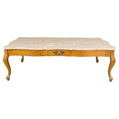 French Louis XV Style Walnut & Marble Top Coffee Table with Single Drawer