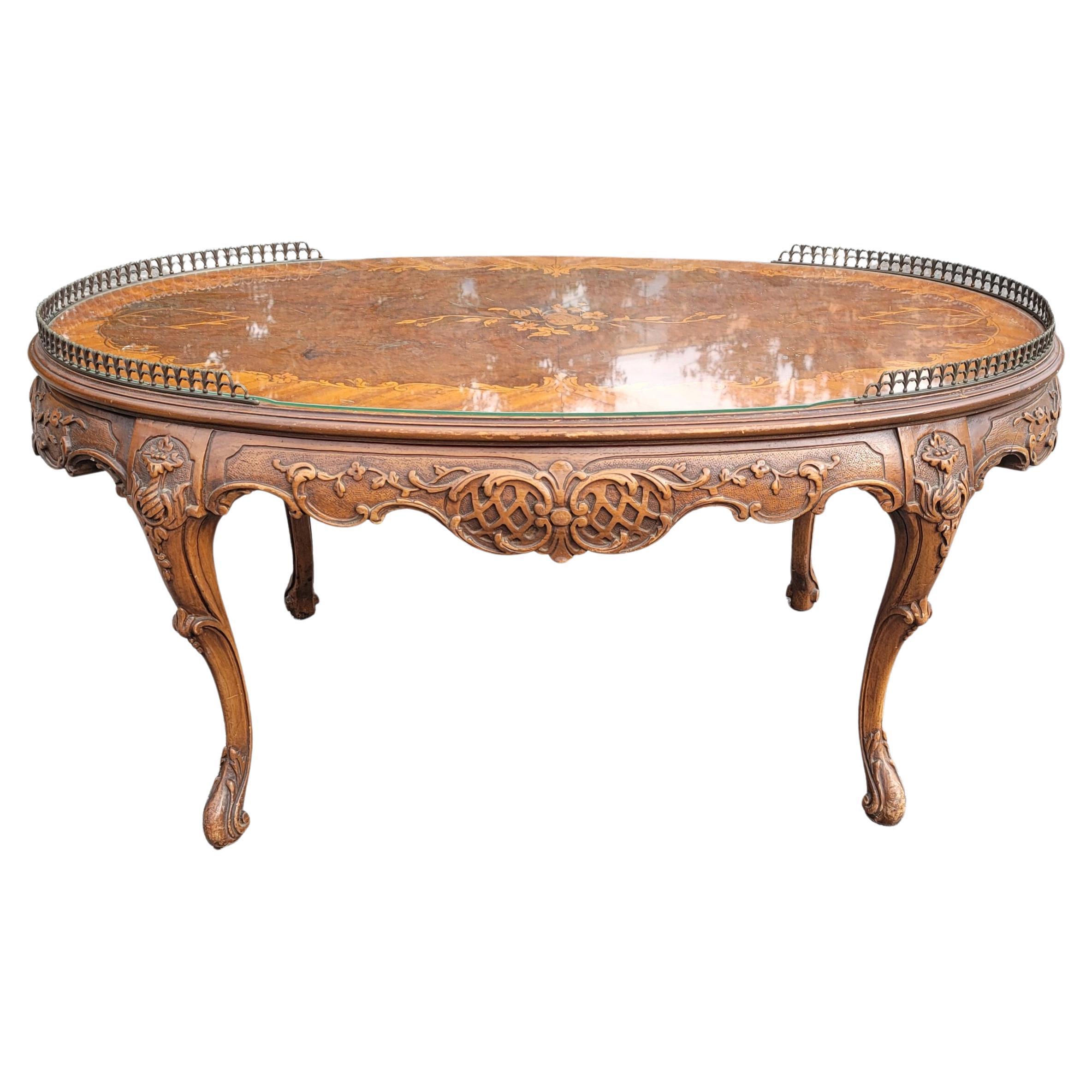 Carved French Louis XV Walnut Marquetry & Gallery Coffee Table W/ Protective Glass Top For Sale
