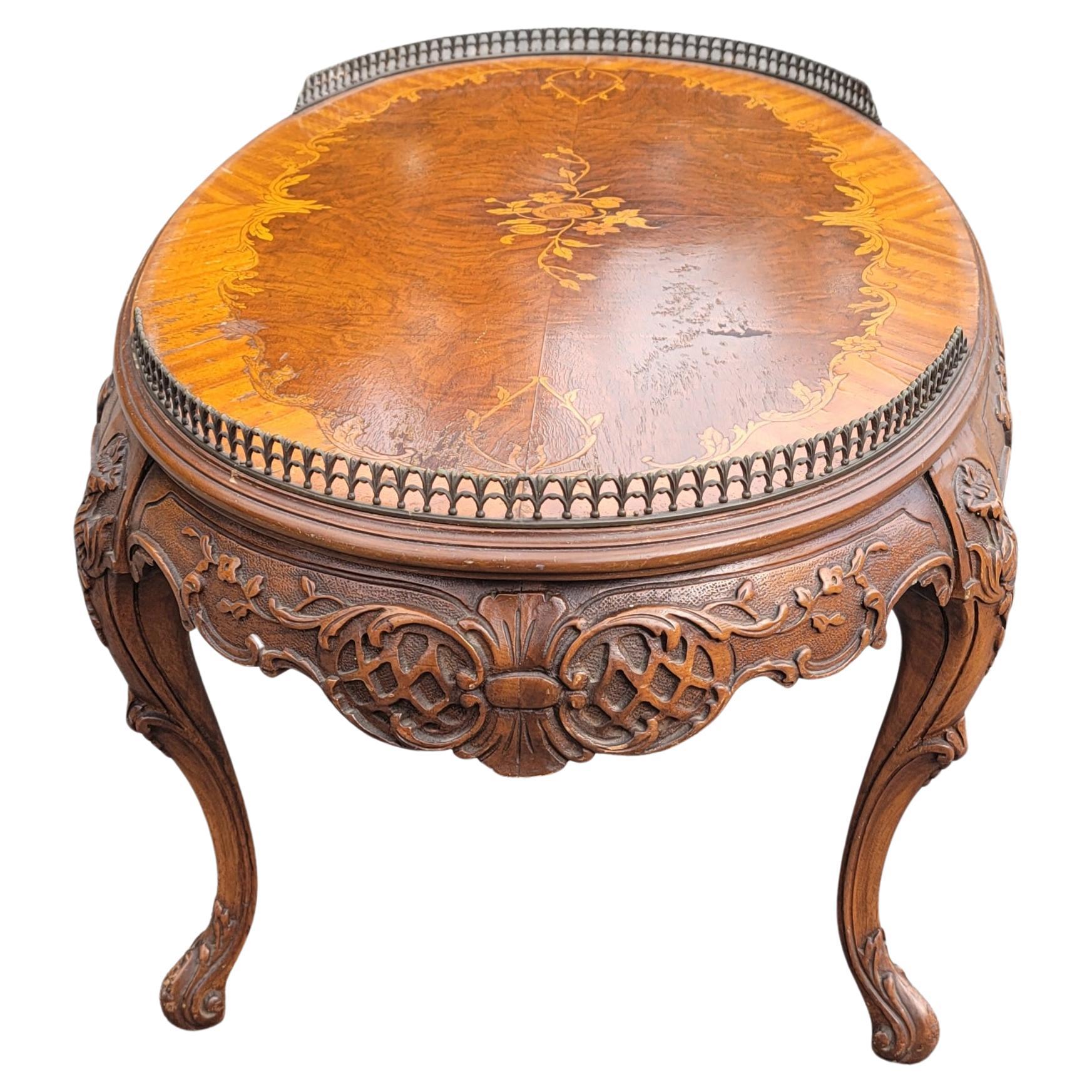 20th Century French Louis XV Walnut Marquetry & Gallery Coffee Table W/ Protective Glass Top For Sale