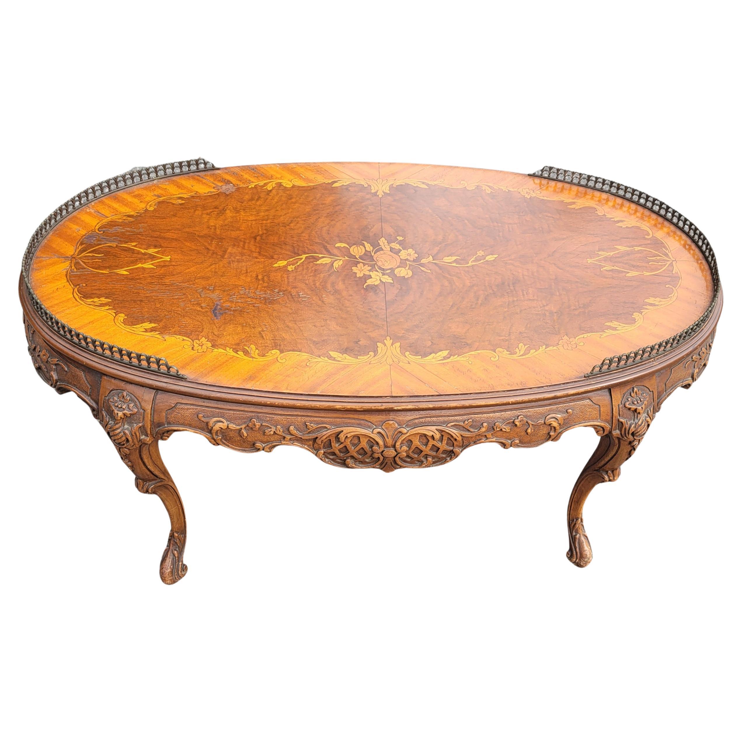 French Louis XV Walnut Marquetry & Gallery Coffee Table W/ Protective Glass Top For Sale 2