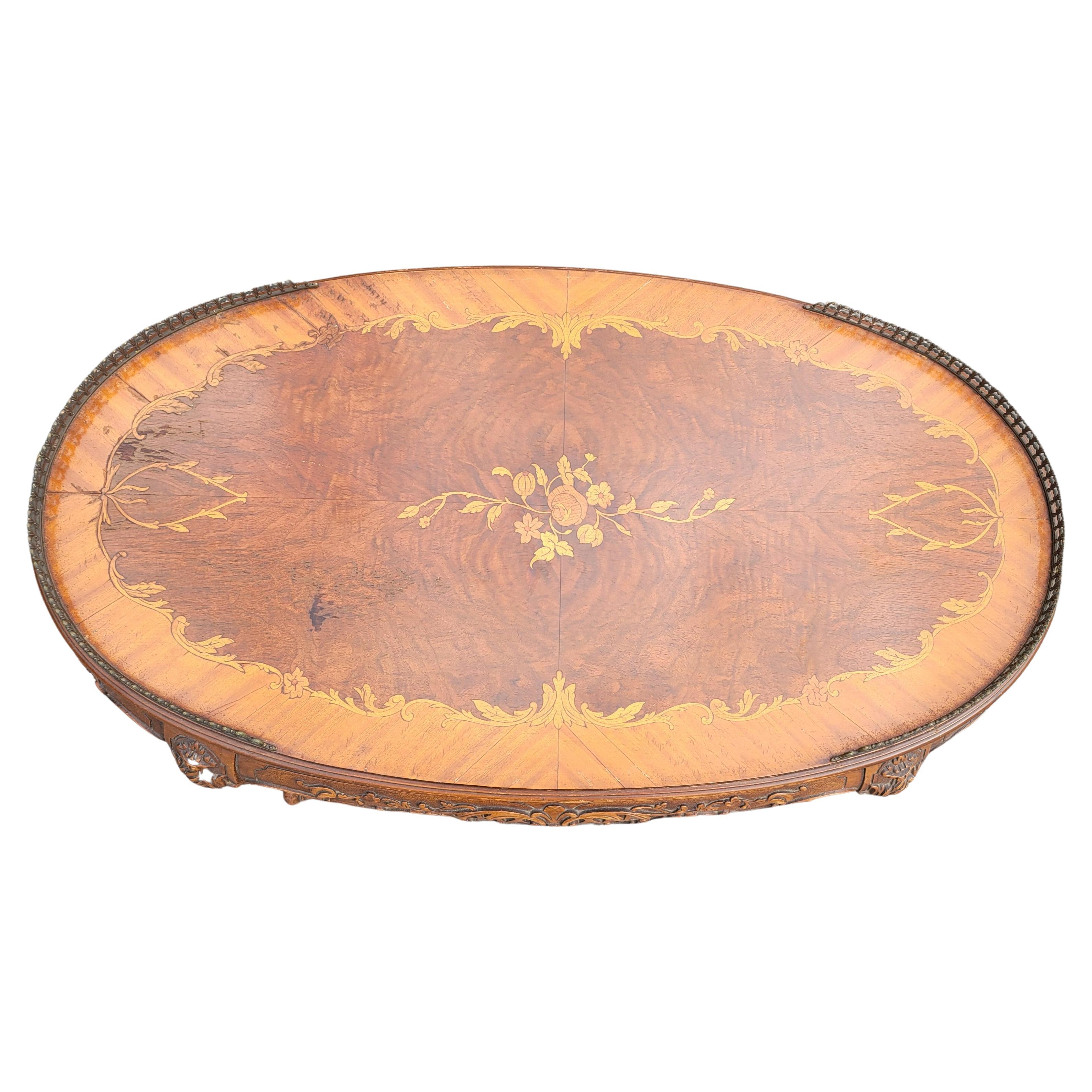 French Louis XV Walnut Marquetry & Gallery Coffee Table W/ Protective Glass Top For Sale 3