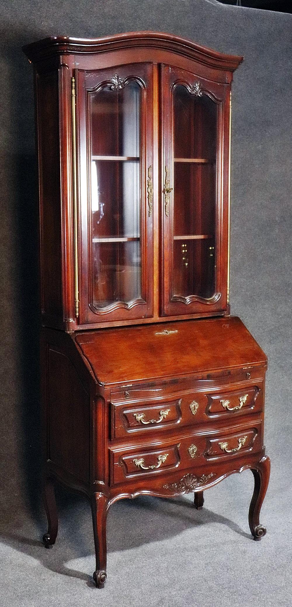 20th Century Aufrray style French Louis XV Style Walnut Secretary Desk with Bookcase Top