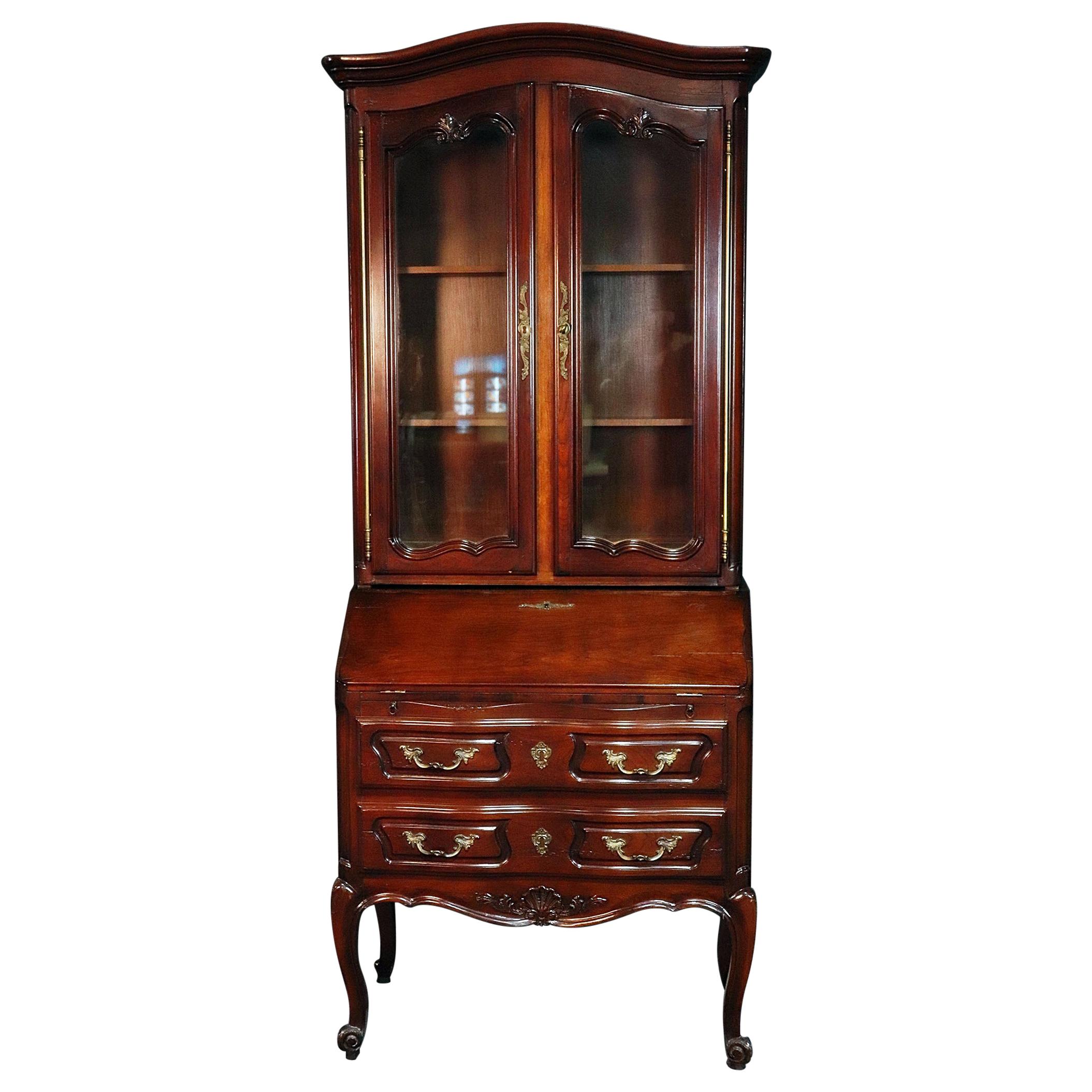 Aufrray style French Louis XV Style Walnut Secretary Desk with Bookcase Top