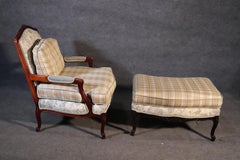 French Louis XV Style Walnut Taylor King Bergère Chair and Ottoman Toile Gingham