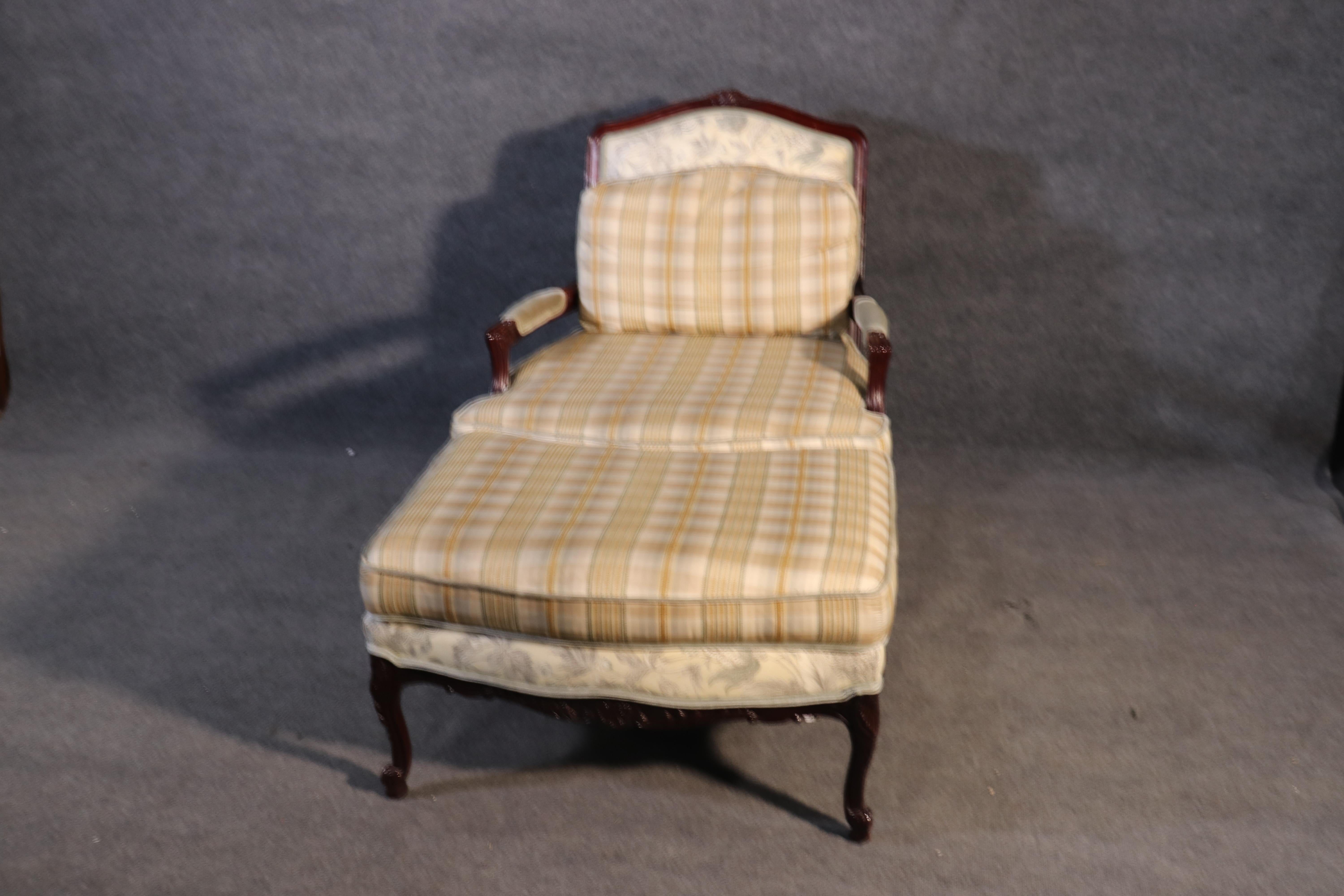 American French Louis XV Style Walnut Taylor King Bergère Chair and Ottoman Toile Gingham