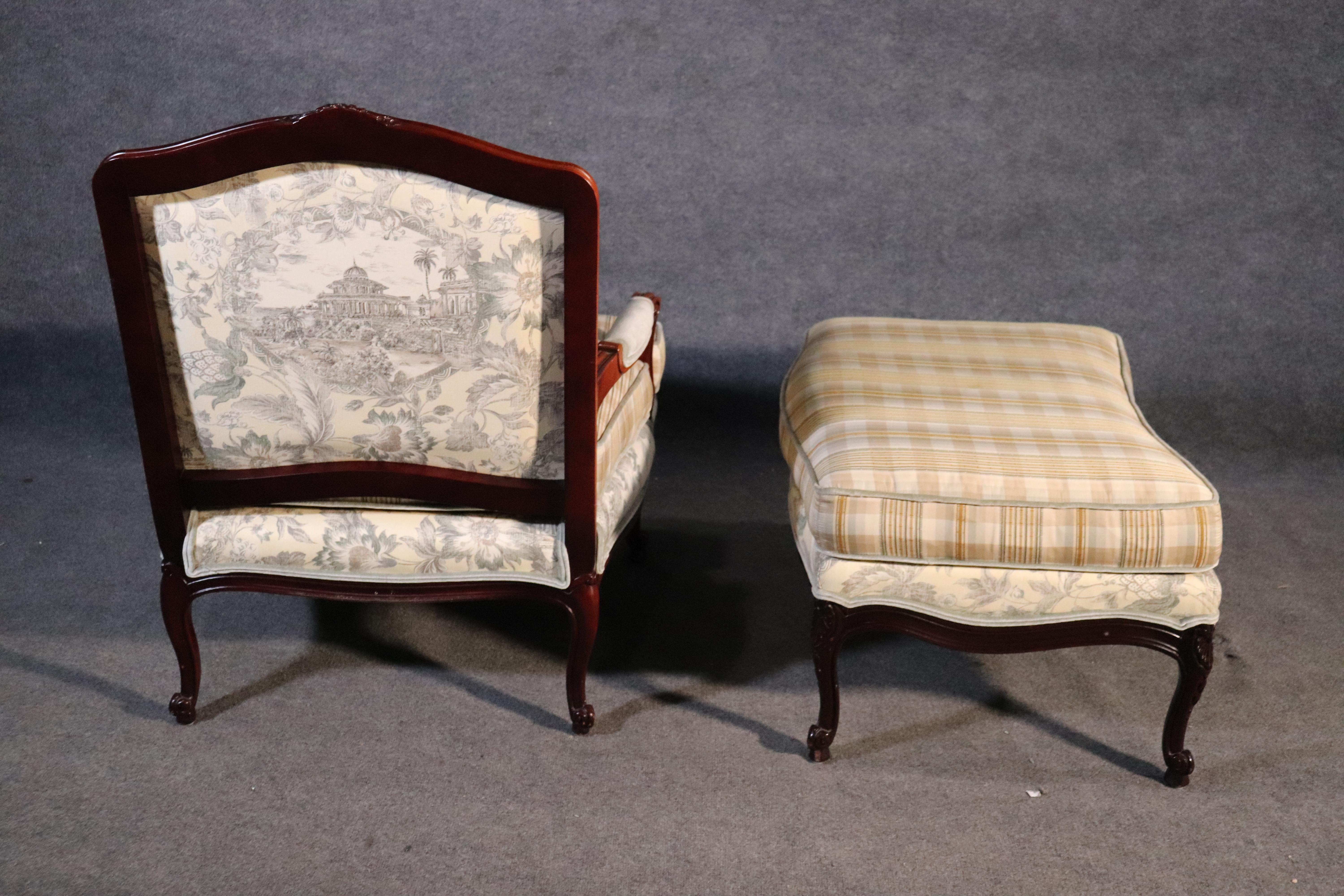 Contemporary French Louis XV Style Walnut Taylor King Bergère Chair and Ottoman Toile Gingham