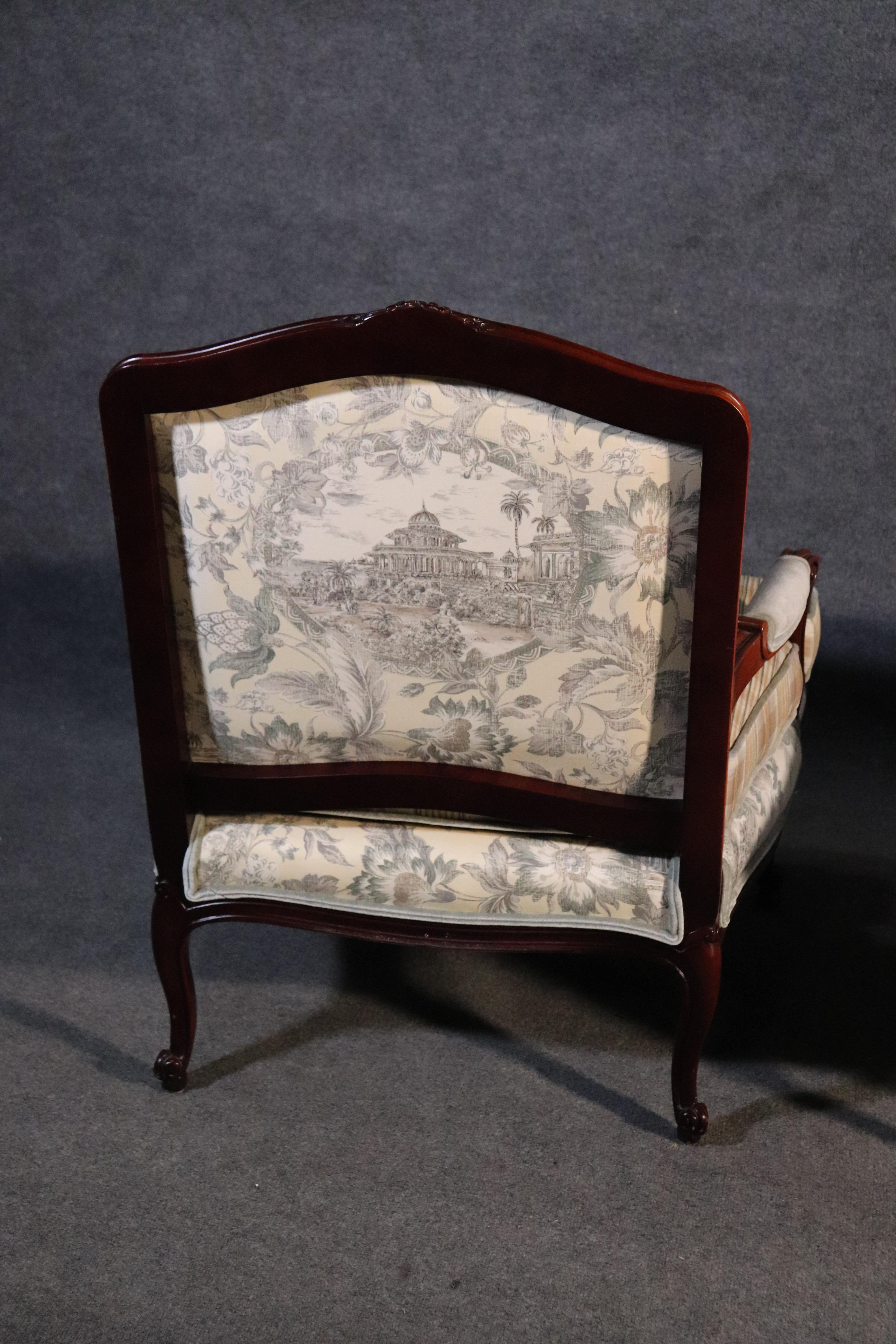 French Louis XV Style Walnut Taylor King Bergère Chair and Ottoman Toile Gingham 1