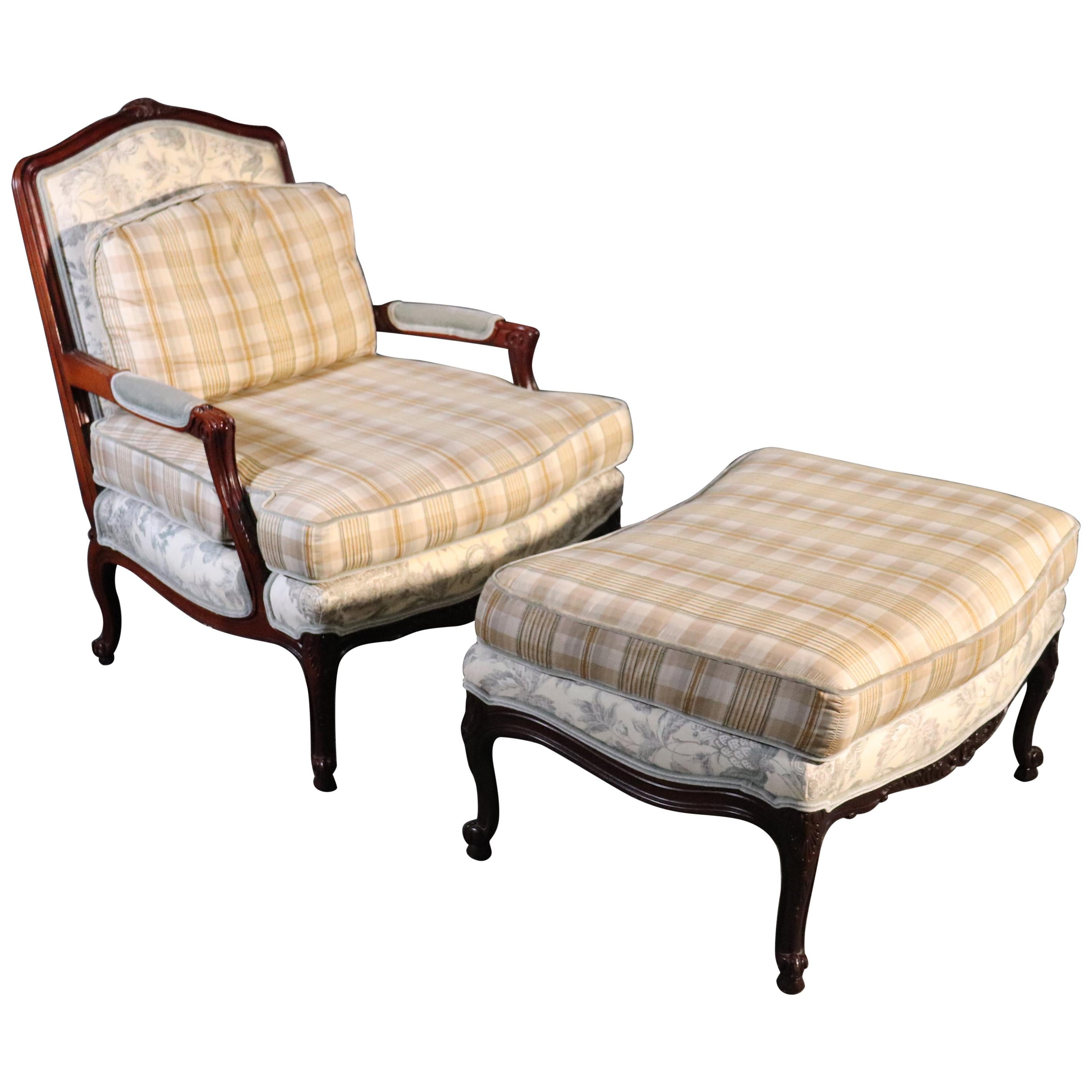 French Louis XV Style Walnut Taylor King Bergère Chair and Ottoman Toile Gingham
