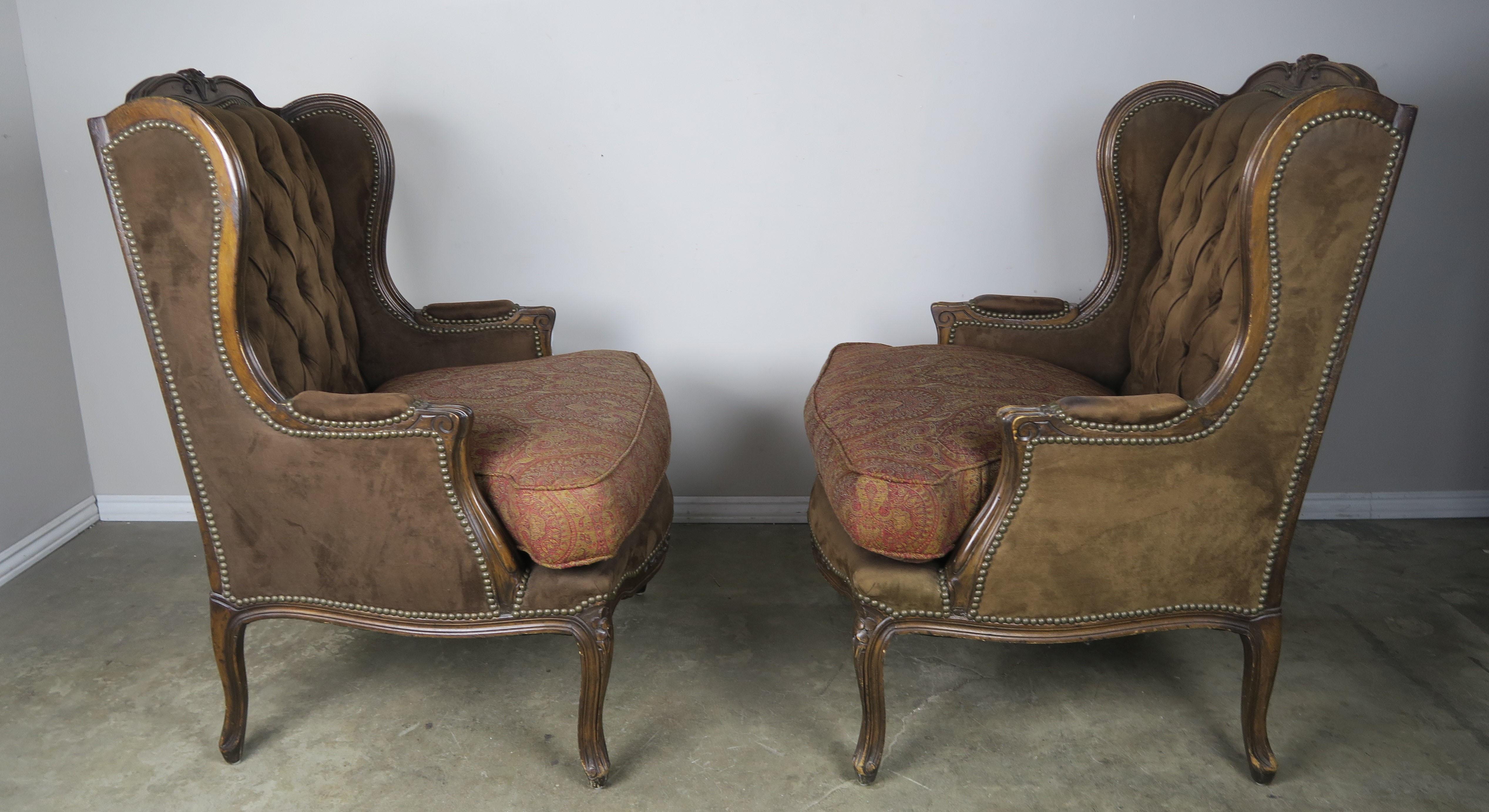 French Louis XV Style Walnut Wingback Armchairs, Pair 6