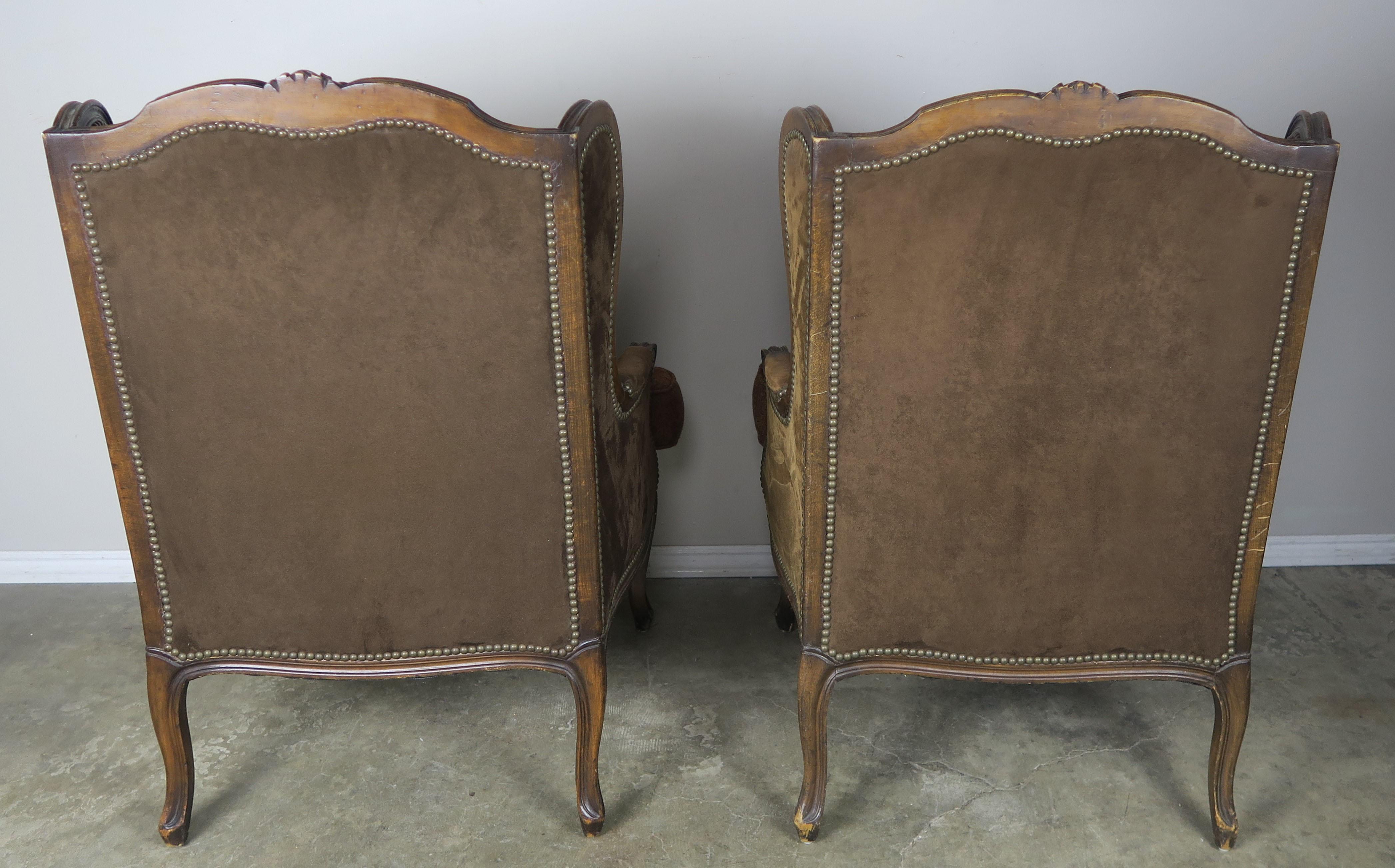 French Louis XV Style Walnut Wingback Armchairs, Pair 7