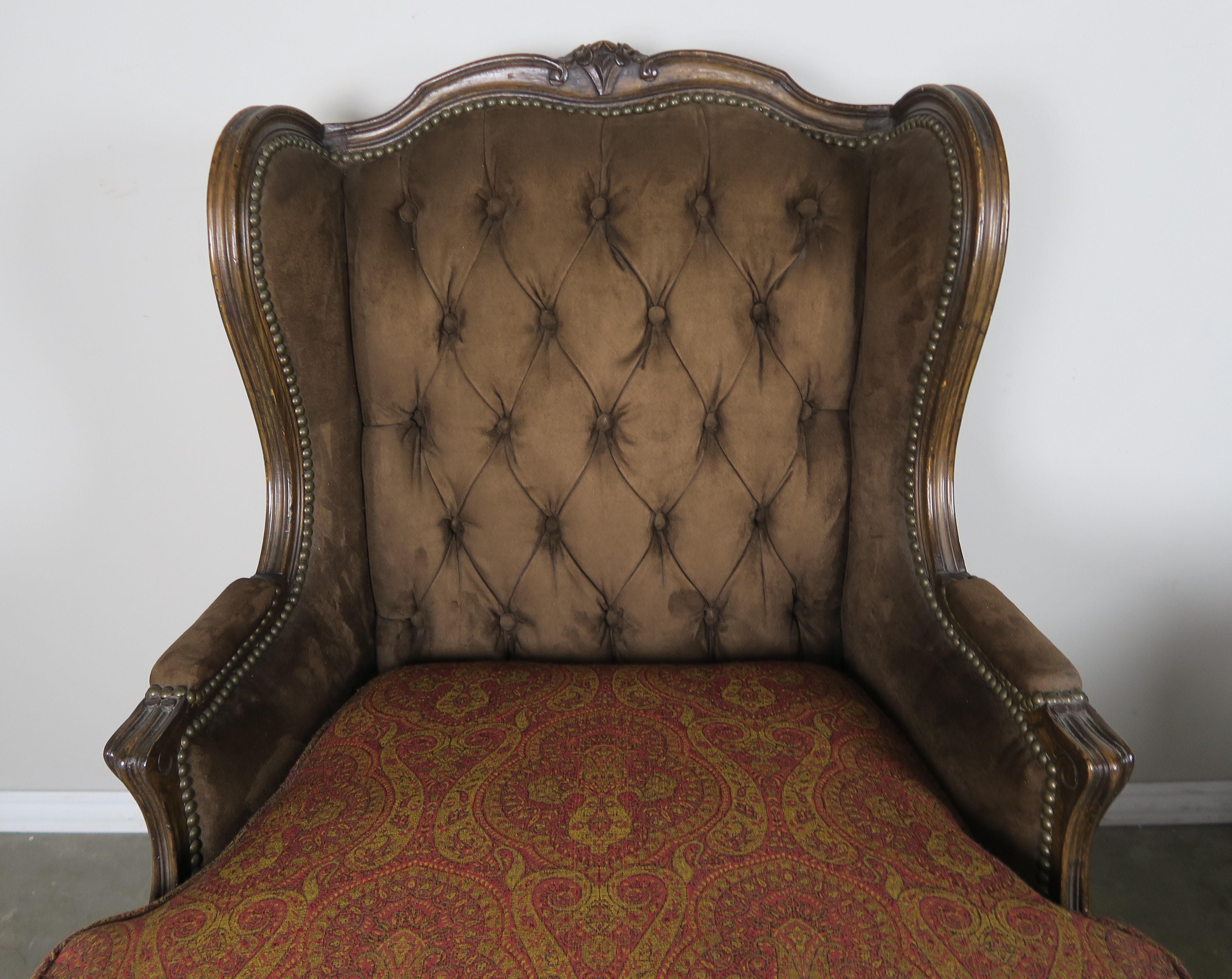Mid-20th Century French Louis XV Style Walnut Wingback Armchairs, Pair