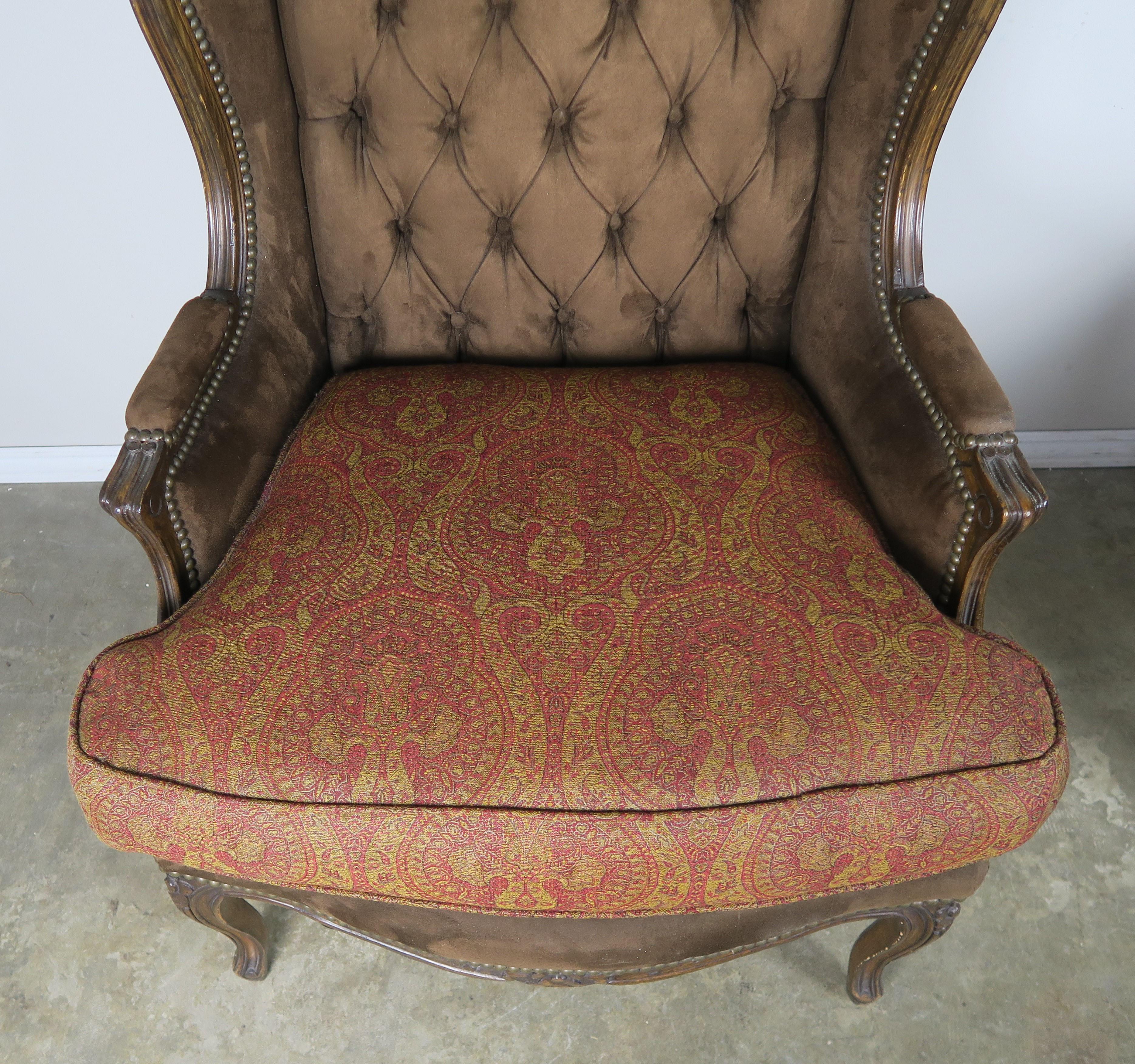 Wool French Louis XV Style Walnut Wingback Armchairs, Pair