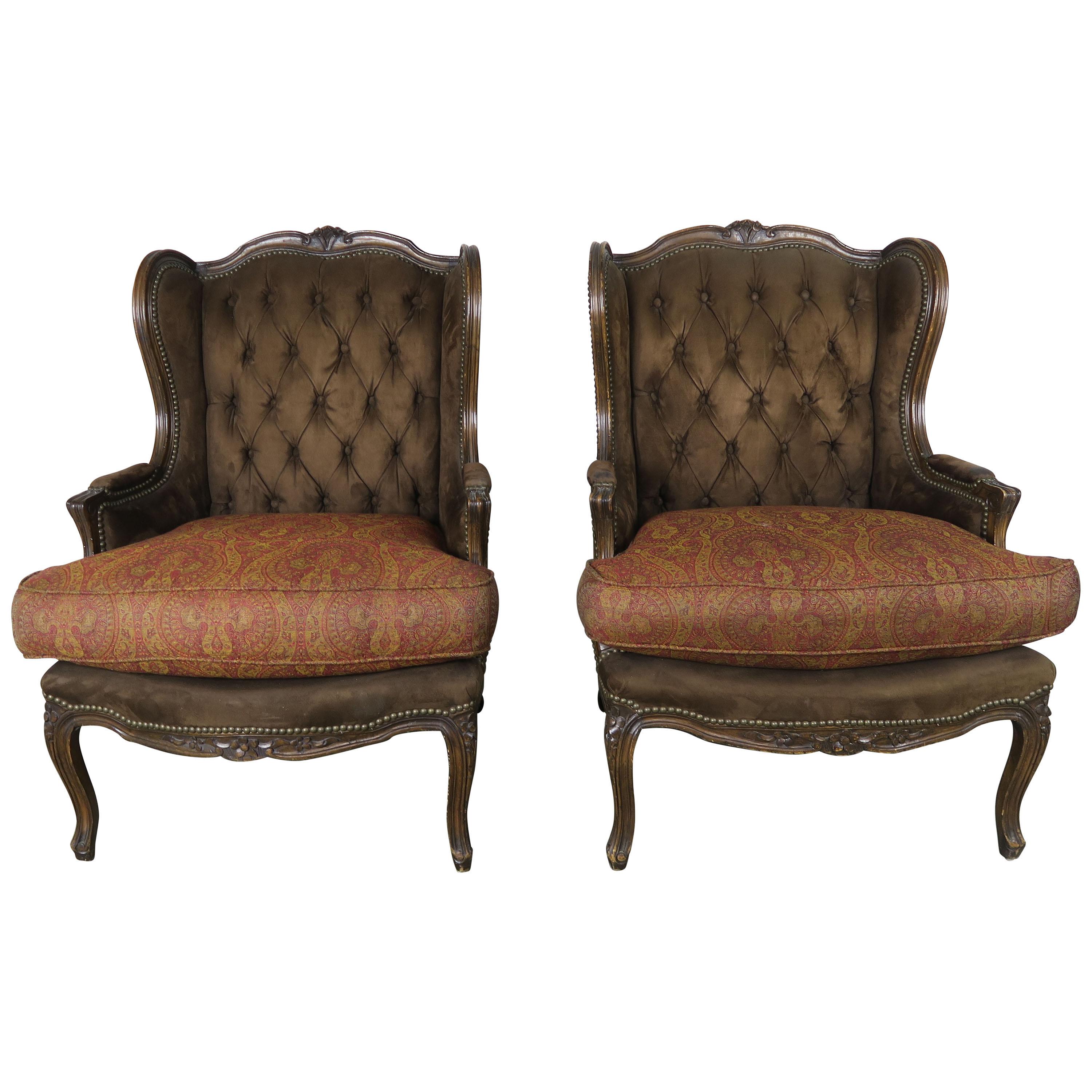French Louis XV Style Walnut Wingback Armchairs, Pair