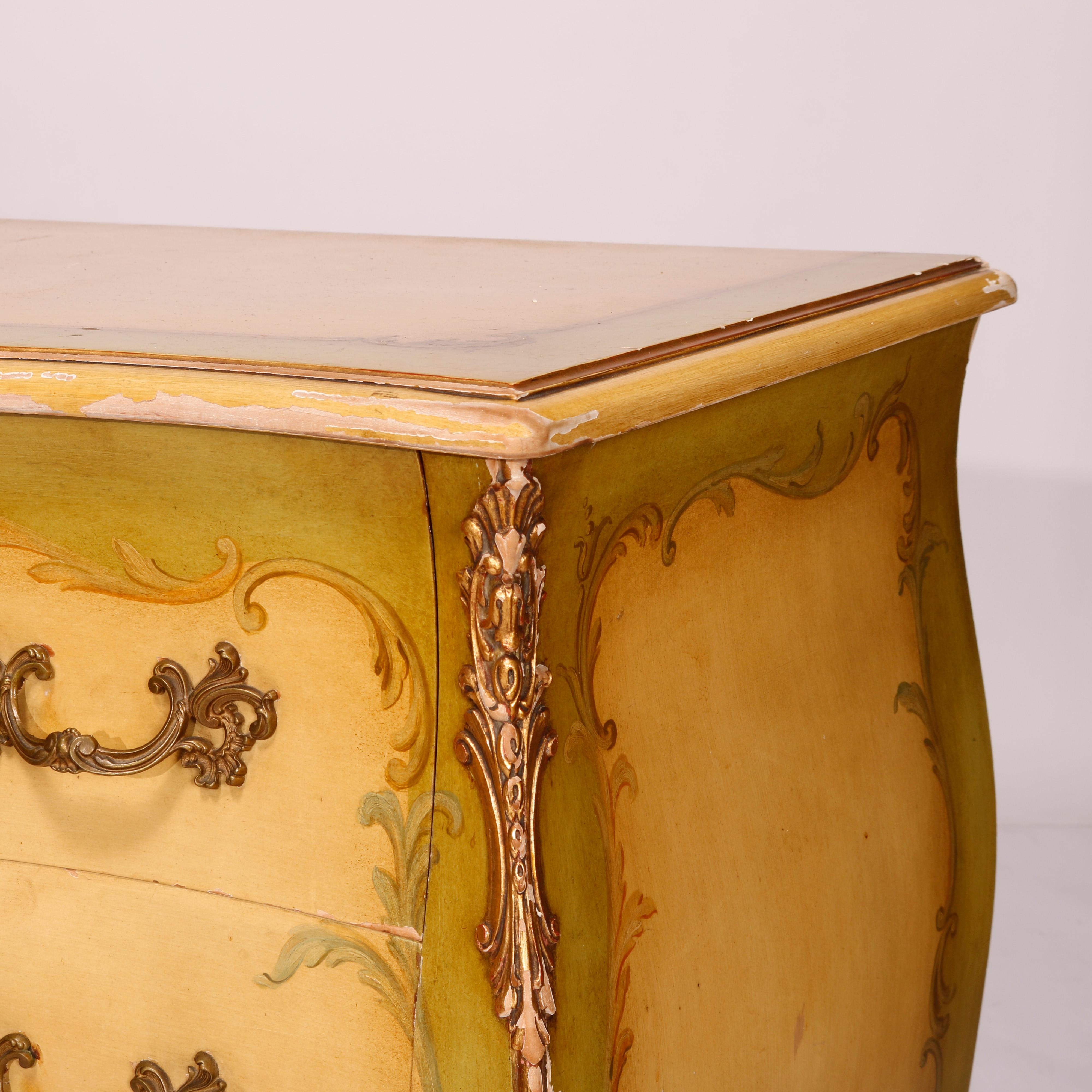 20th Century French Louis XV Style Widdicomb Painted & Gilt Bombe Chest 20th C