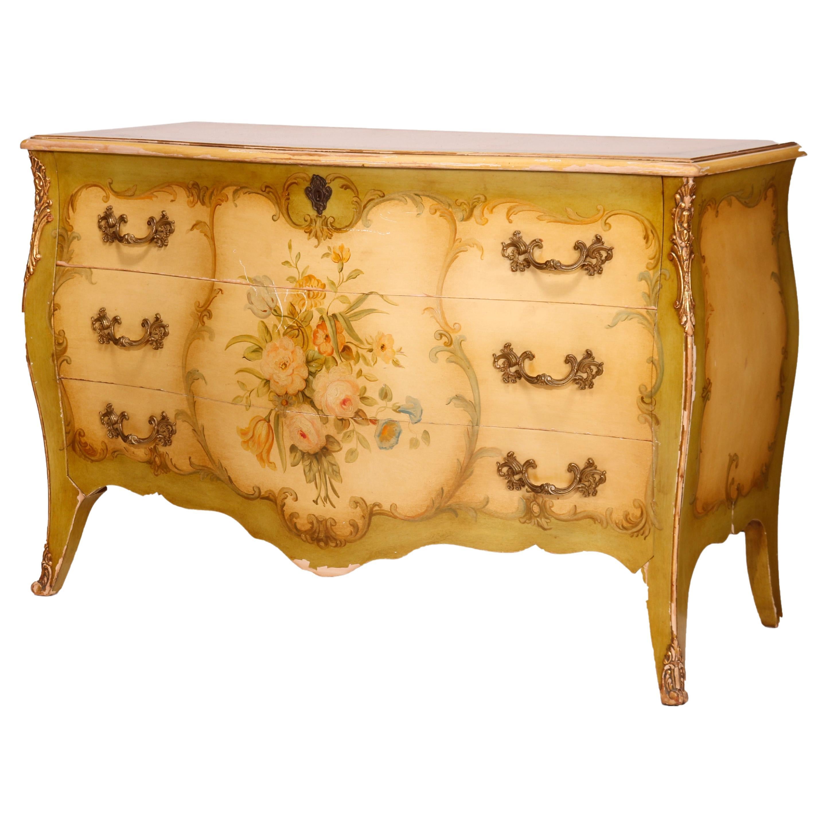 French Louis XV Style Widdicomb Painted & Gilt Bombe Chest 20th C