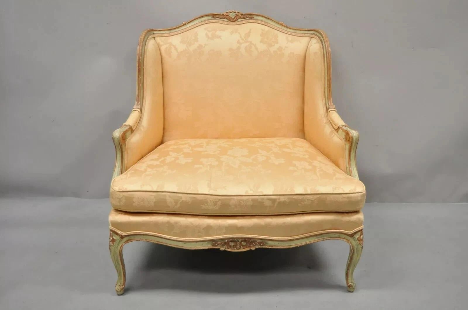 Vintage Baker Furniture Co. French Louis XV Style Painted Wide Wingback Bergere Chair and Ottoman. Item features (1) wide frame wingback bergere lounge chair, (1) wide curved ottoman, solid wood frame, distressed finish, original label, quality