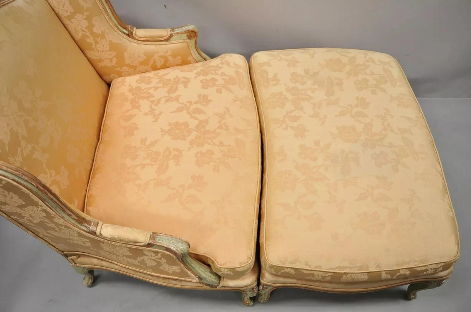 French Louis XV Style Wide Wingback Bergere Lounge Chair & Ottoman by Baker For Sale 1