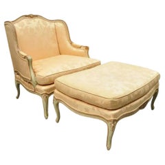 French Louis XV Style Wide Wingback Bergere Lounge Chair & Ottoman by Baker