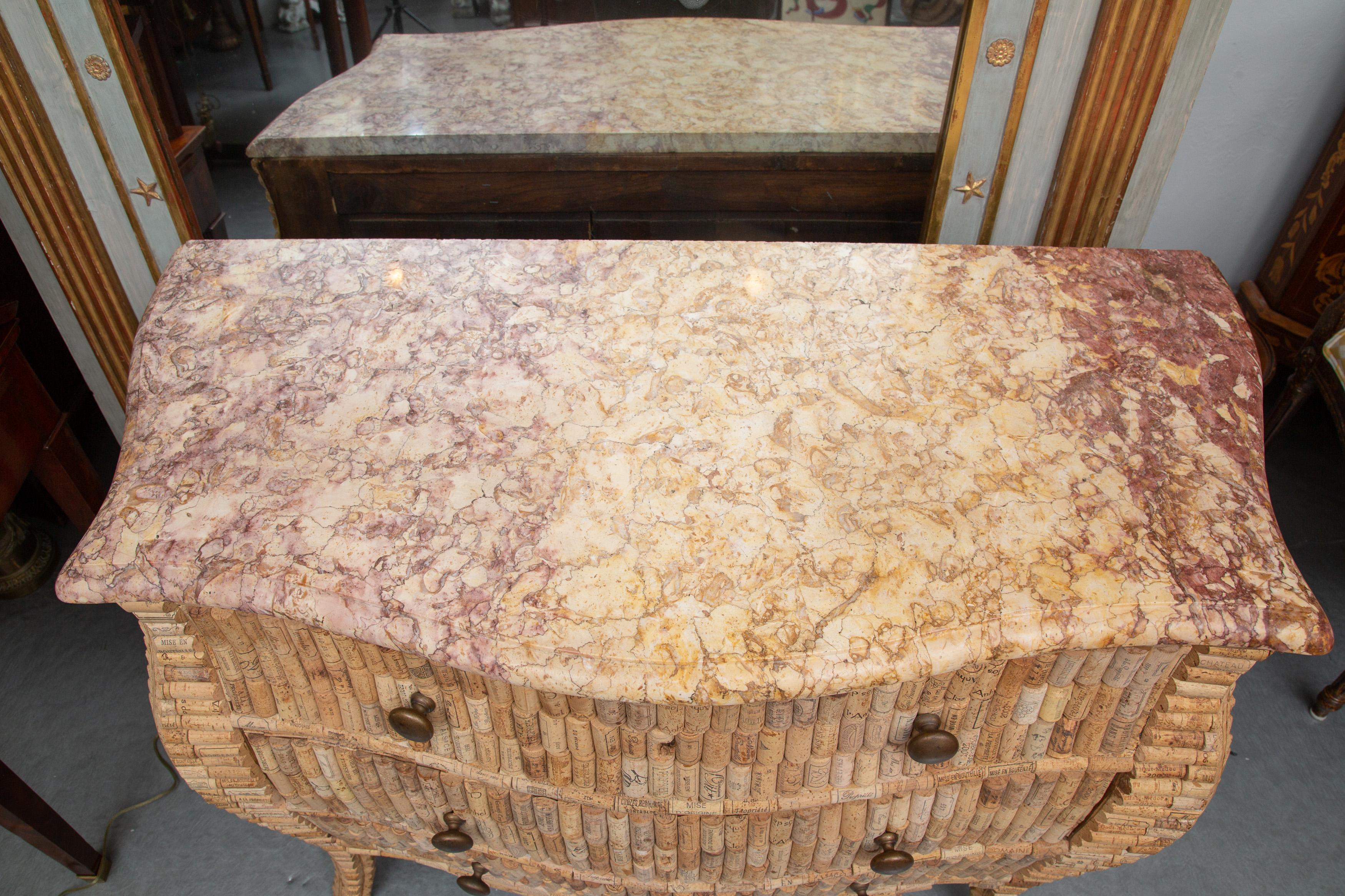 19th Century French Louis XV Style Wine Cork-Veneered Marble Top Commode For Sale