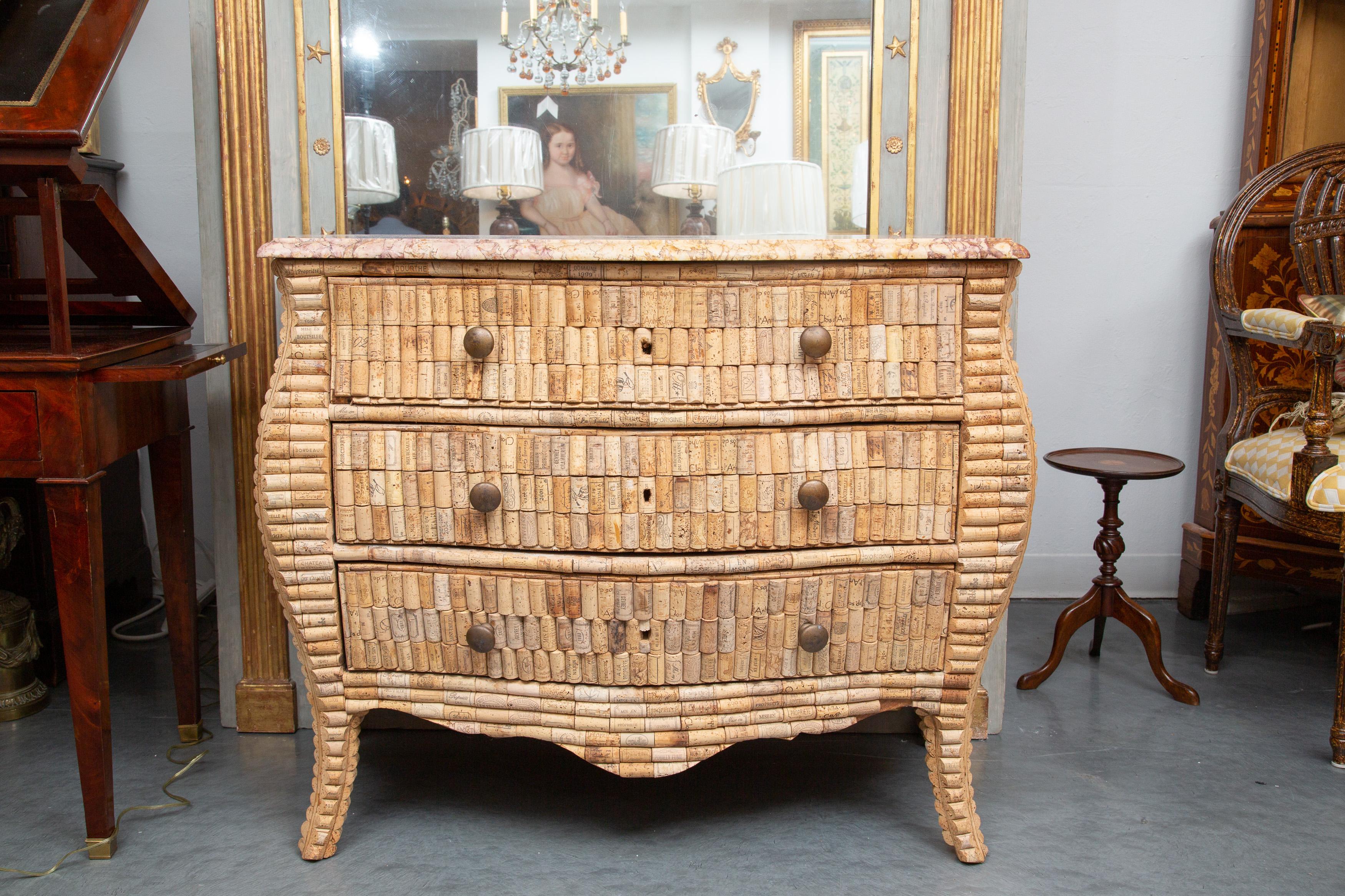 French Louis XV Style Wine Cork-Veneered Marble Top Commode For Sale 5