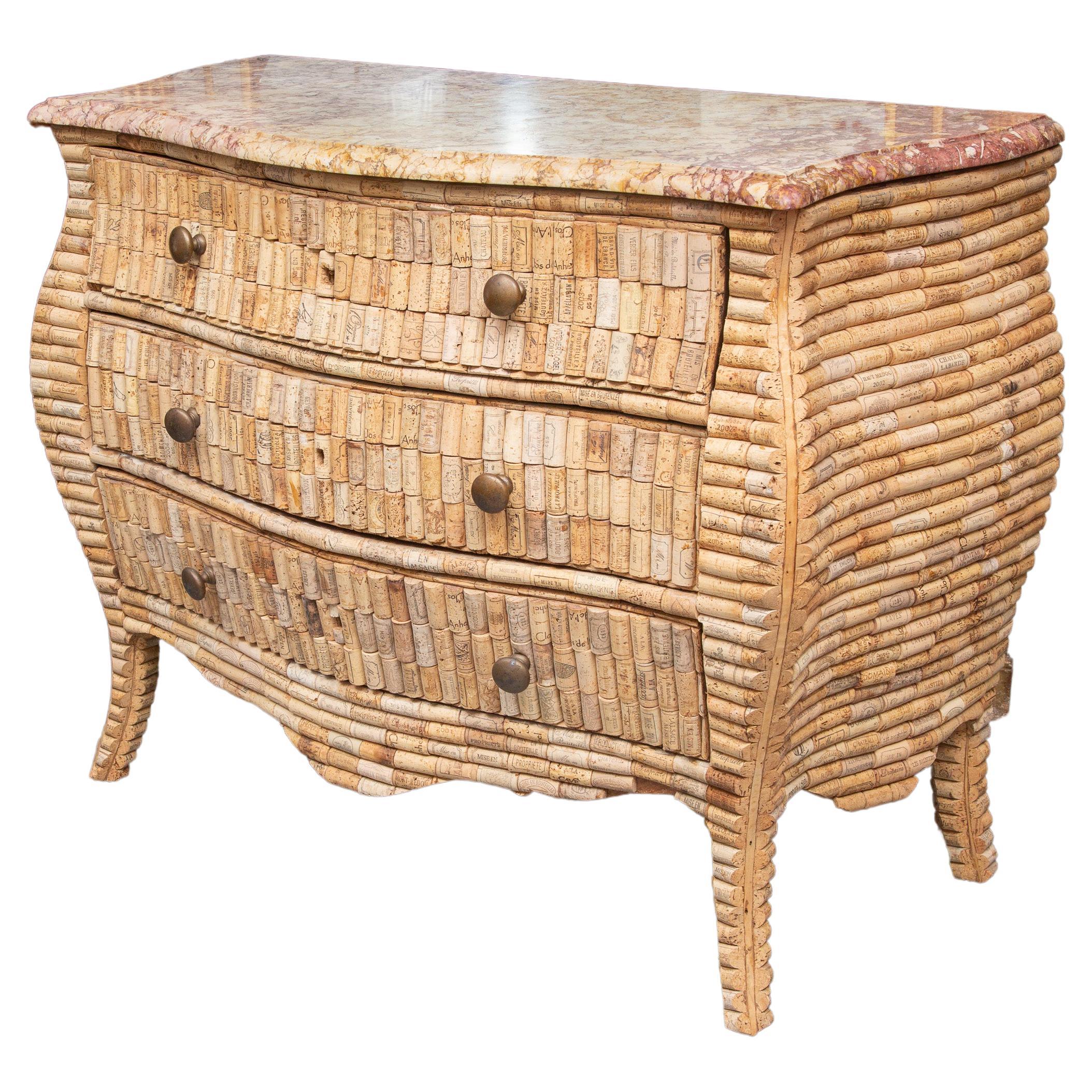French Louis XV Style Wine Cork-Veneered Marble Top Commode For Sale