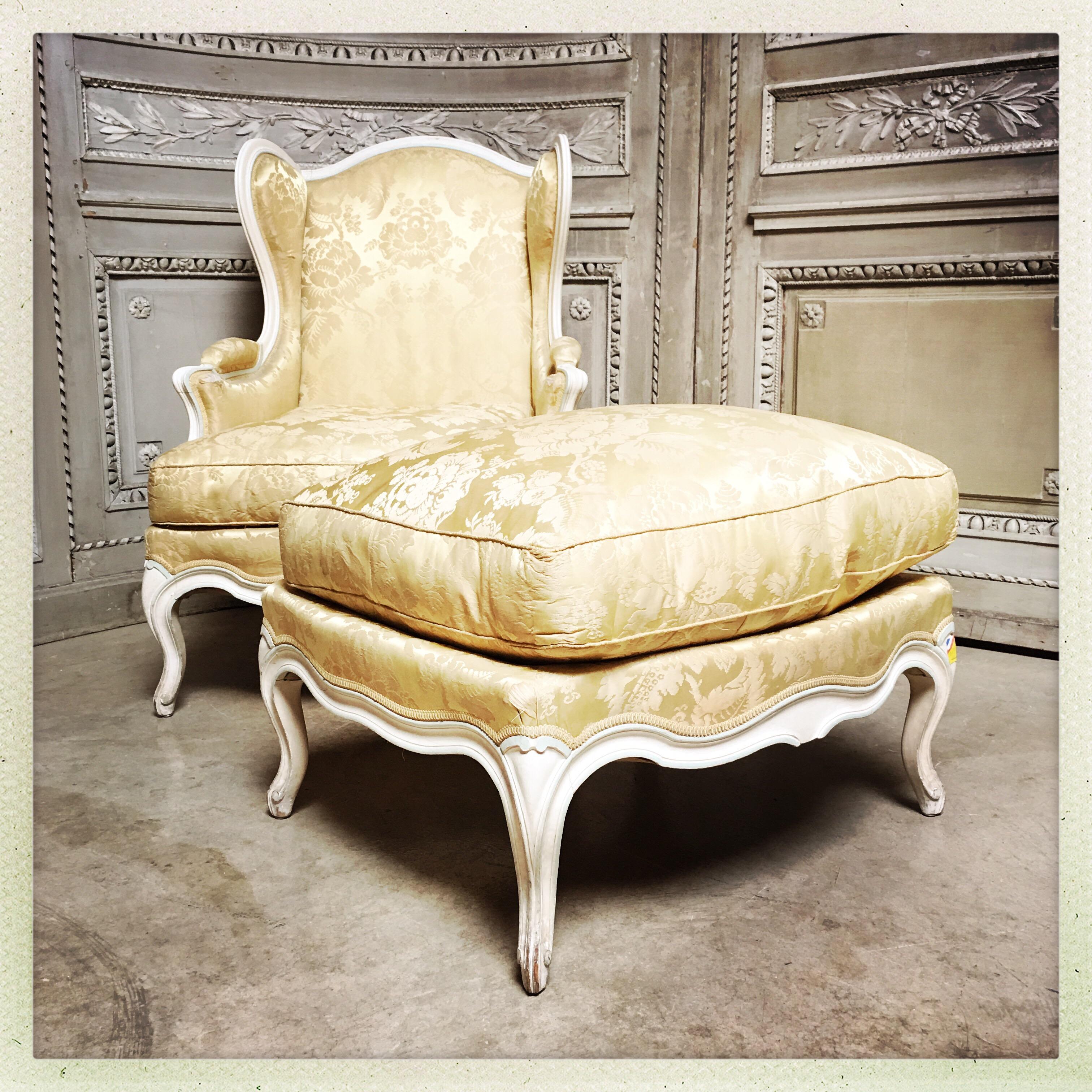 20th Century French Louis XV Style Winged Bergere and Matching Ottoman For Sale