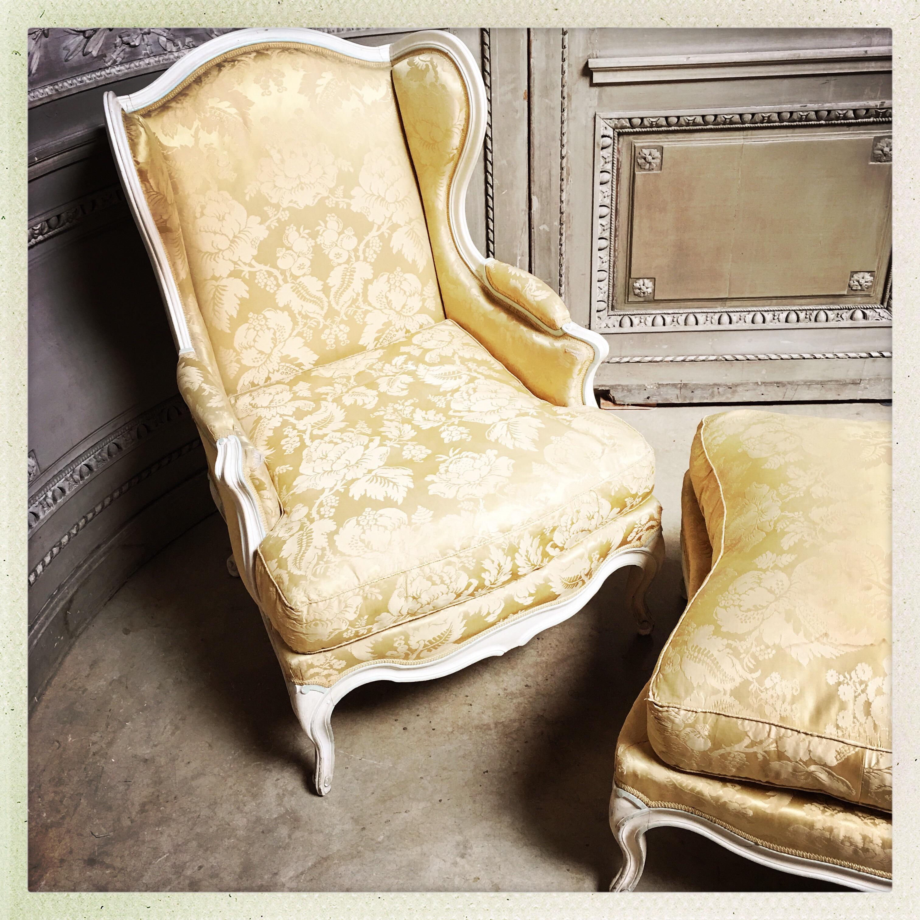 French Louis XV Style Winged Bergere and Matching Ottoman For Sale 2
