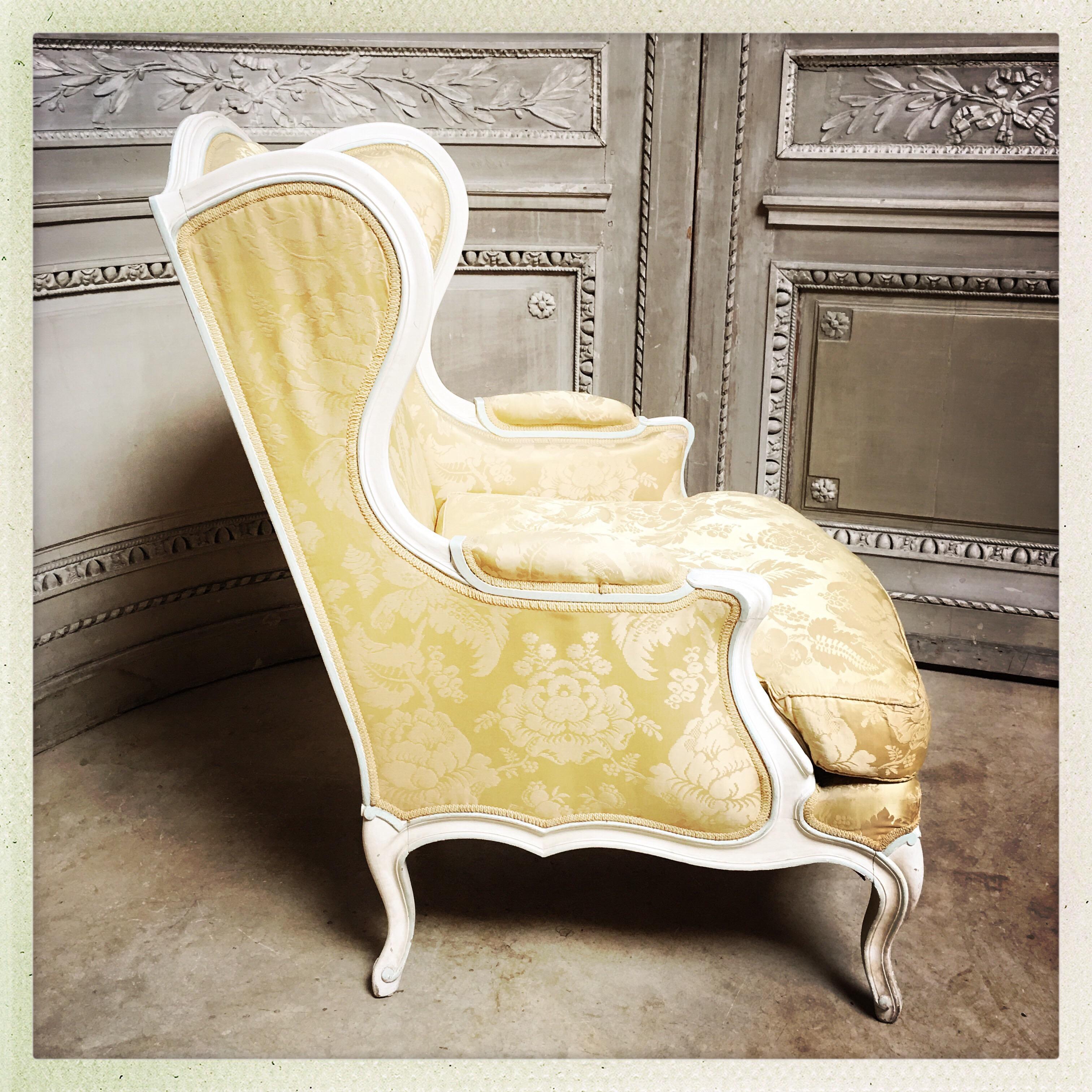 French Louis XV Style Winged Bergere and Matching Ottoman For Sale 4