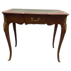 French Louis XV Style writing Desk green leather covered top ornate brass moldin