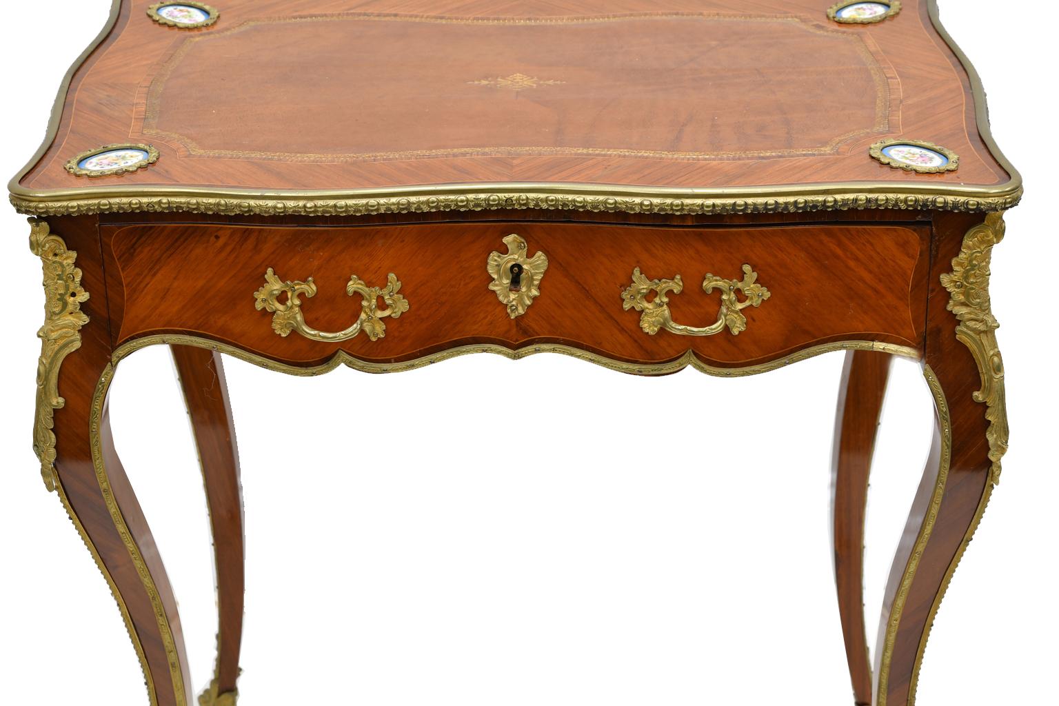 Gilt French Louis XV Style Writing or Side Table with Parquetry, Leather and Ormolu