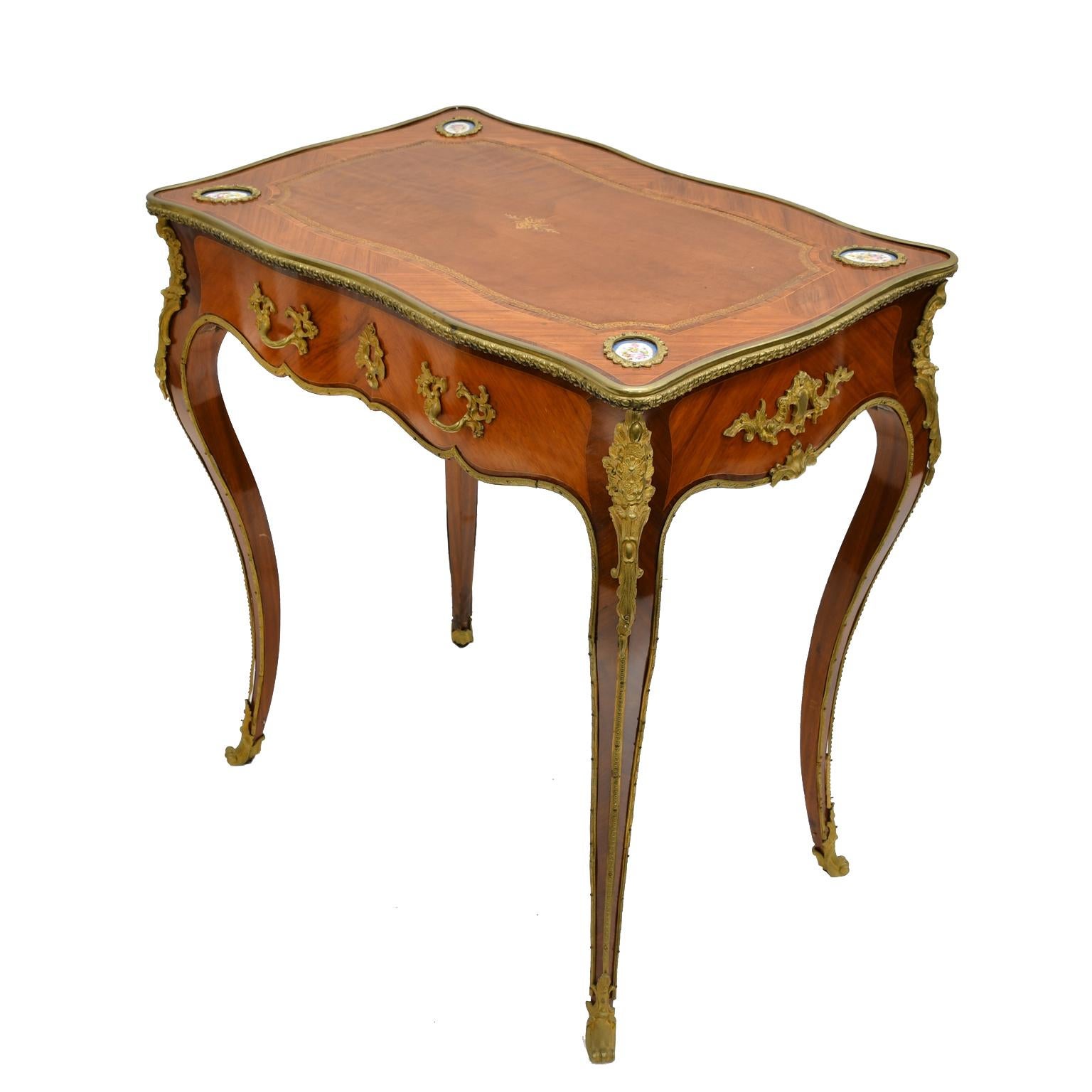 19th Century French Louis XV Style Writing or Side Table with Parquetry, Leather and Ormolu