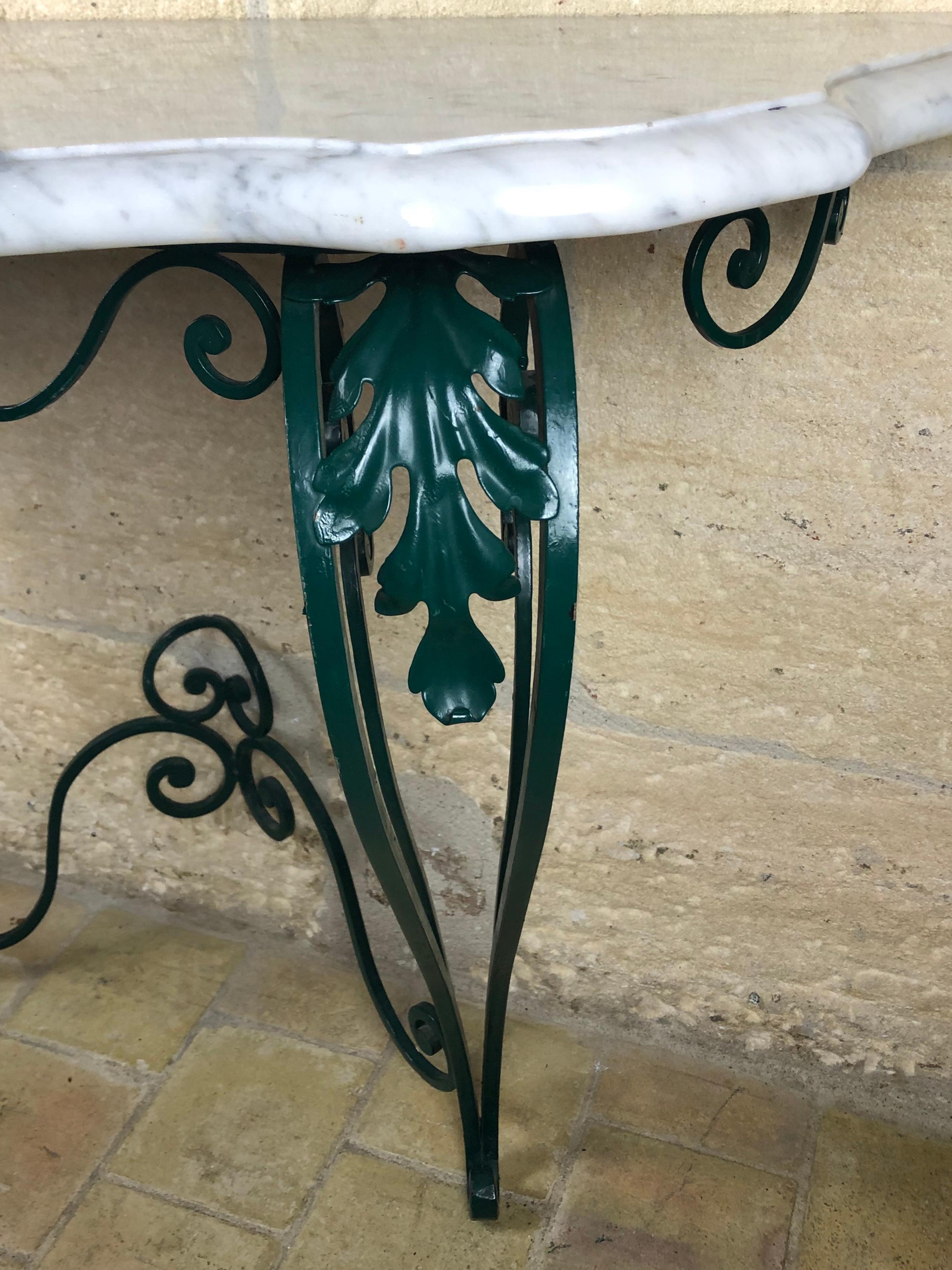 Painted French Louis XV Style Wrought Iron Console Table with White Marble Top