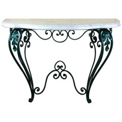 French Louis XV Style Wrought Iron Console Table with White Marble Top