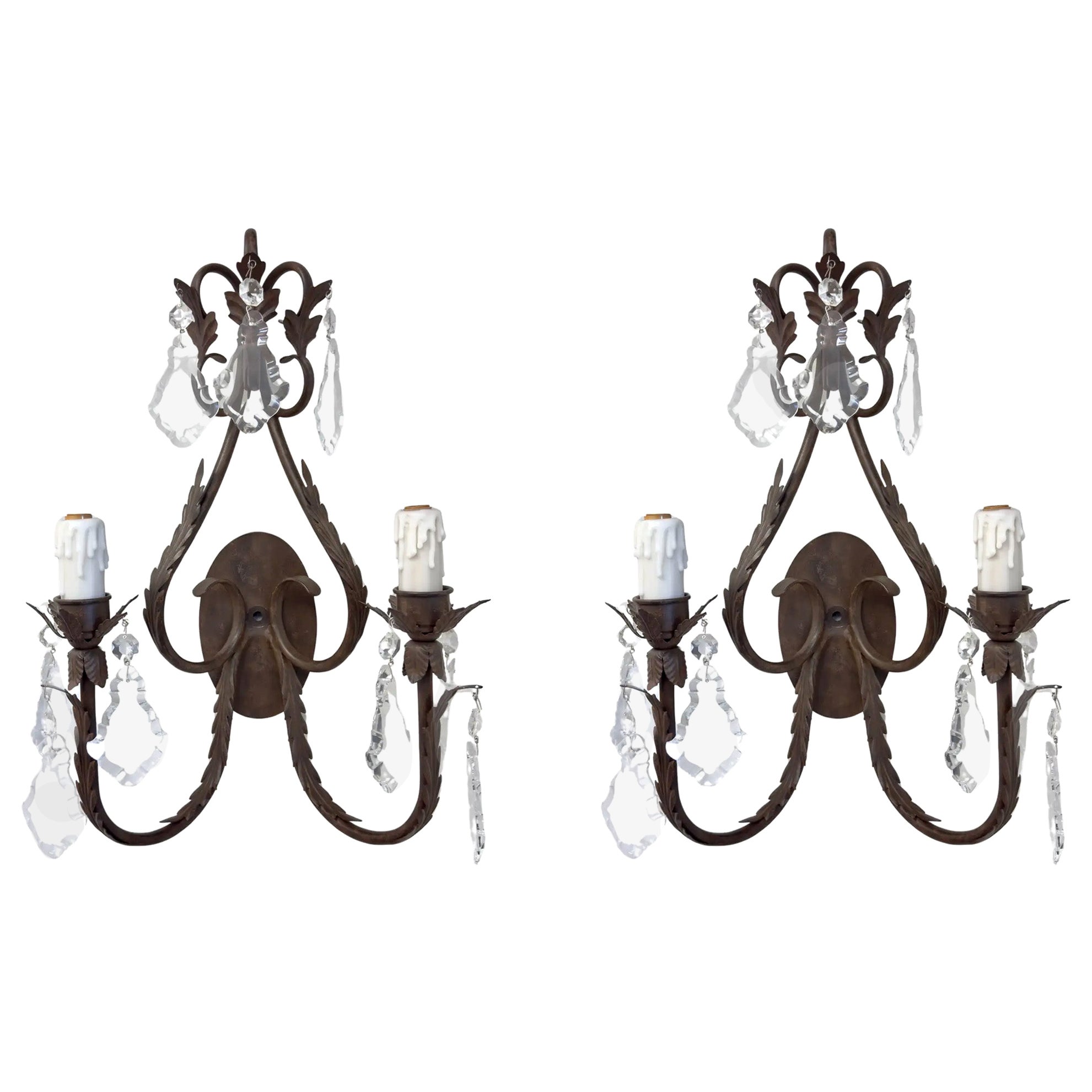 French Louis XV Style Wrought Iron & Crystal Two Arm Wall Sconce, a Pair