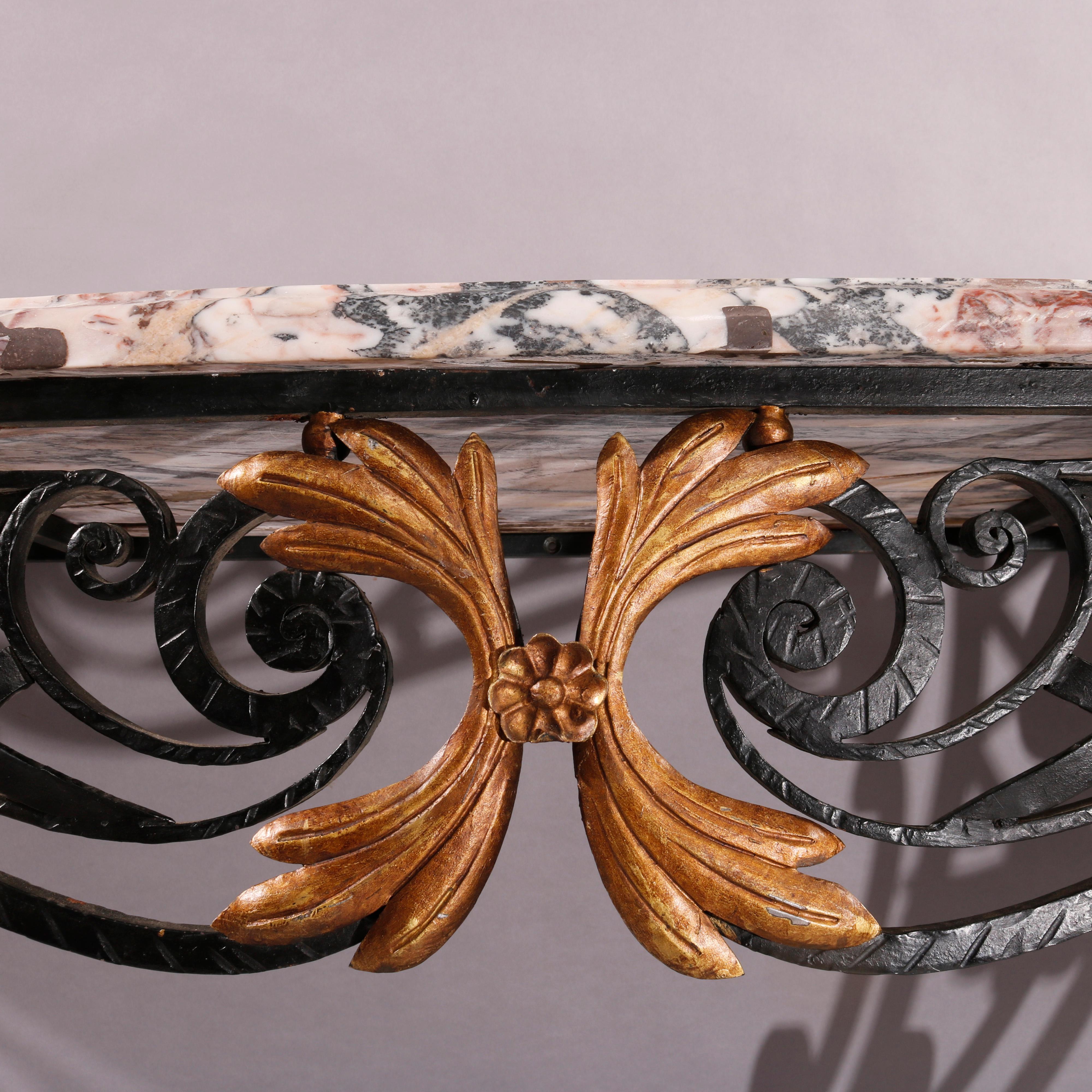 20th Century French Louis XV Style Wrought Iron & Marble Console Table 20th C For Sale