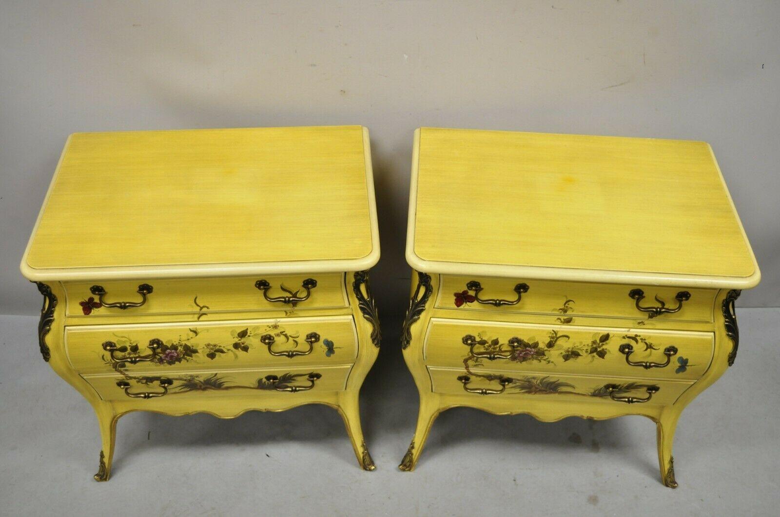 French Louis XV Style Yellow Butterfly Painted 3 Drawer Nightstands - a Pair For Sale 5