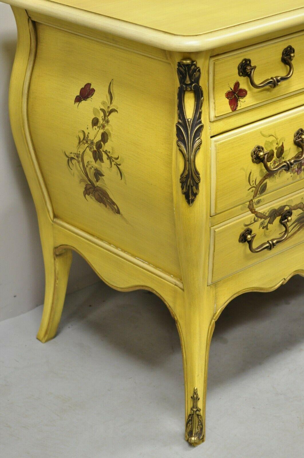 American French Louis XV Style Yellow Butterfly Painted 3 Drawer Nightstands - a Pair For Sale