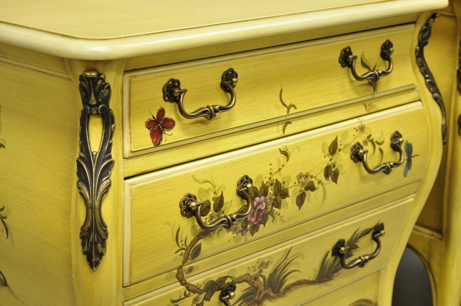 French Louis XV Style Yellow Butterfly Painted 3 Drawer Nightstands - a Pair In Good Condition For Sale In Philadelphia, PA