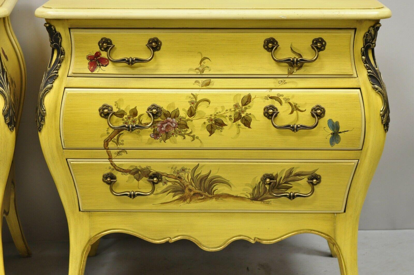 20th Century French Louis XV Style Yellow Butterfly Painted 3 Drawer Nightstands - a Pair For Sale