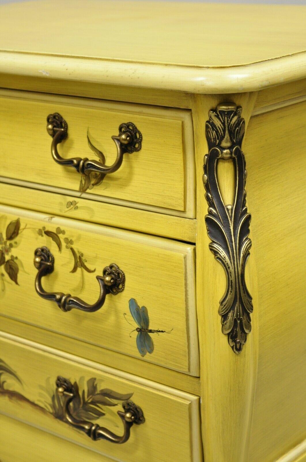 Metal French Louis XV Style Yellow Butterfly Painted 3 Drawer Nightstands - a Pair For Sale