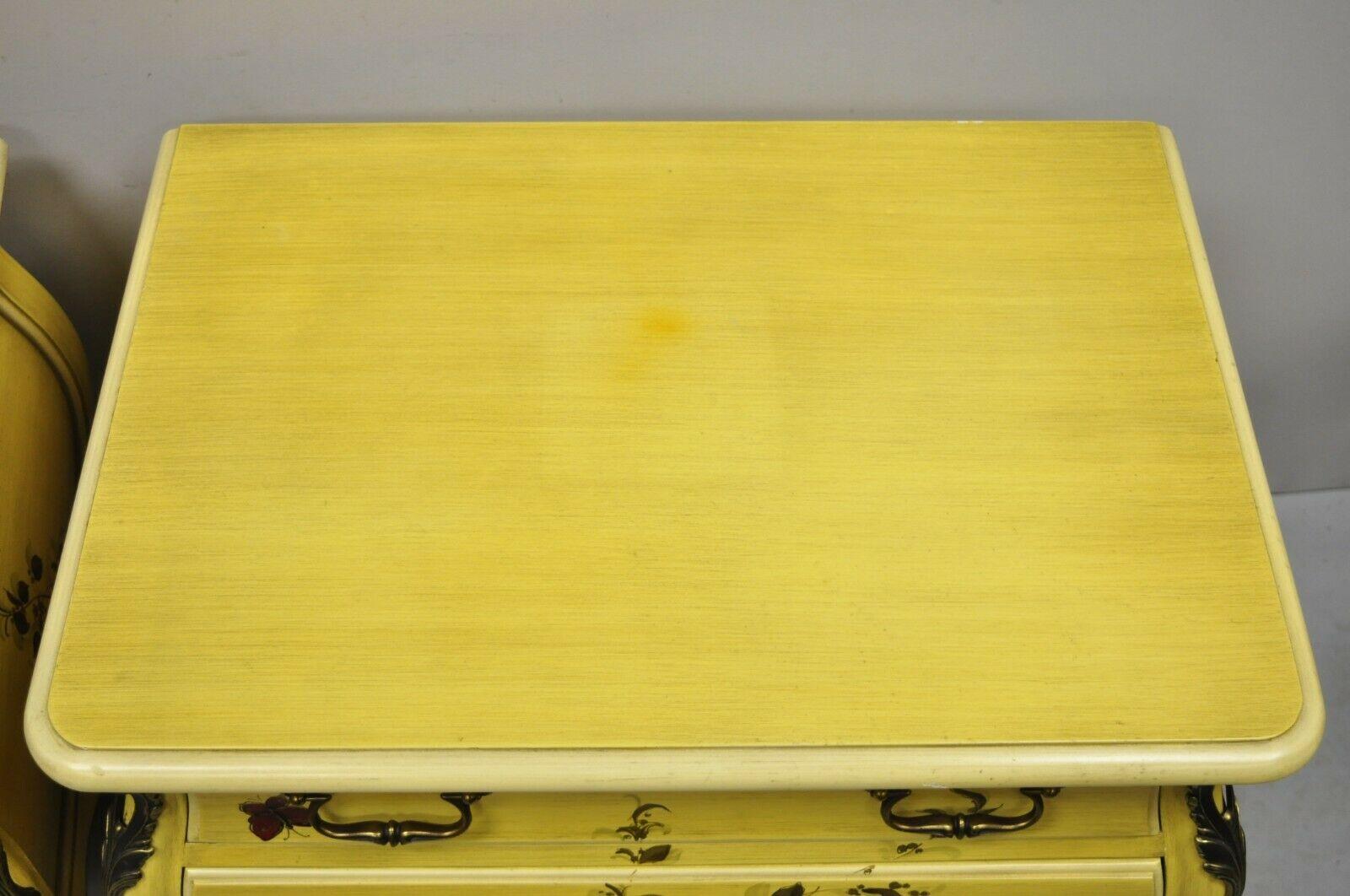 French Louis XV Style Yellow Butterfly Painted 3 Drawer Nightstands - a Pair For Sale 1