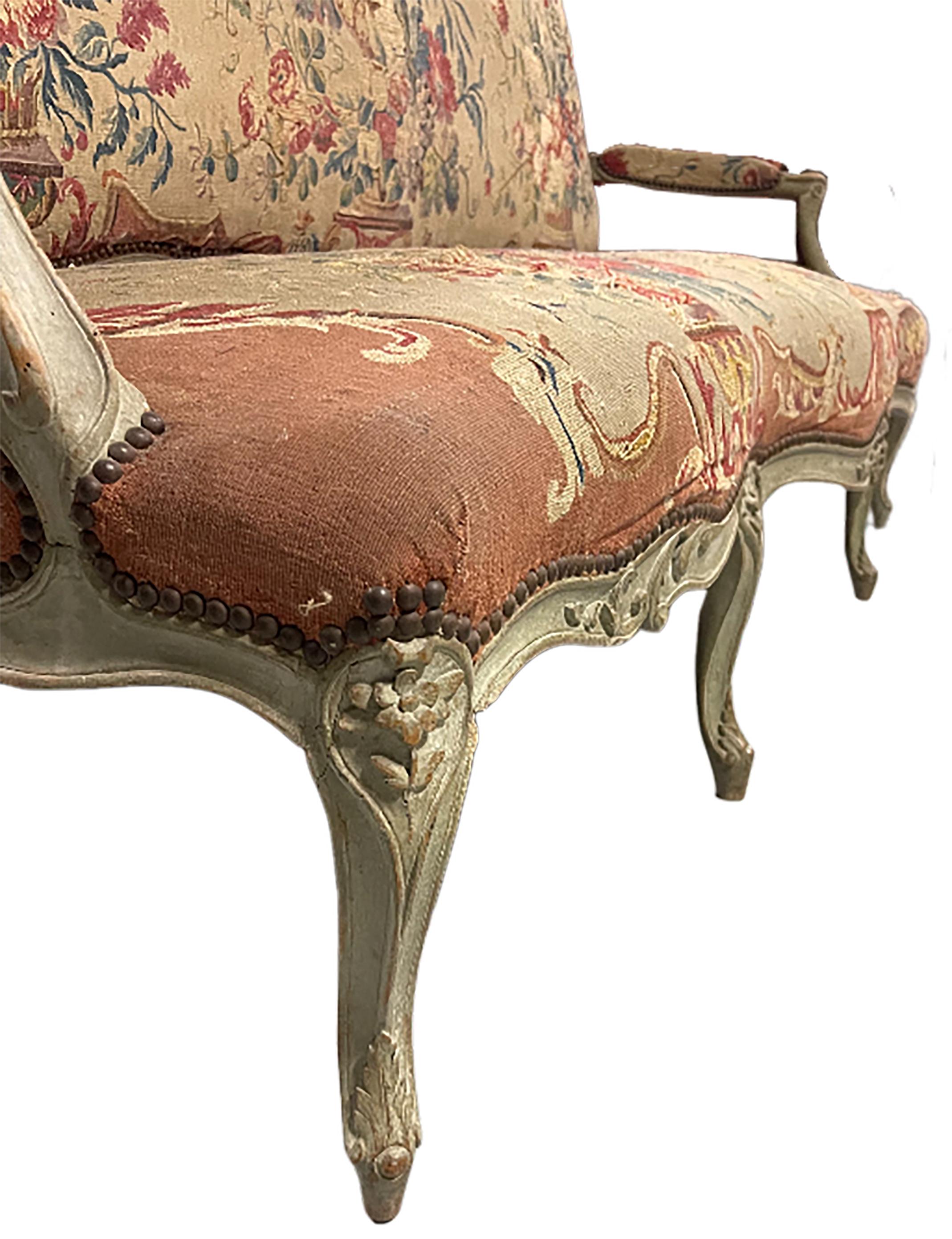 18th Century and Earlier French Louis XV Tapestry Settee with Aubusson Original Tapestry Upholstery For Sale
