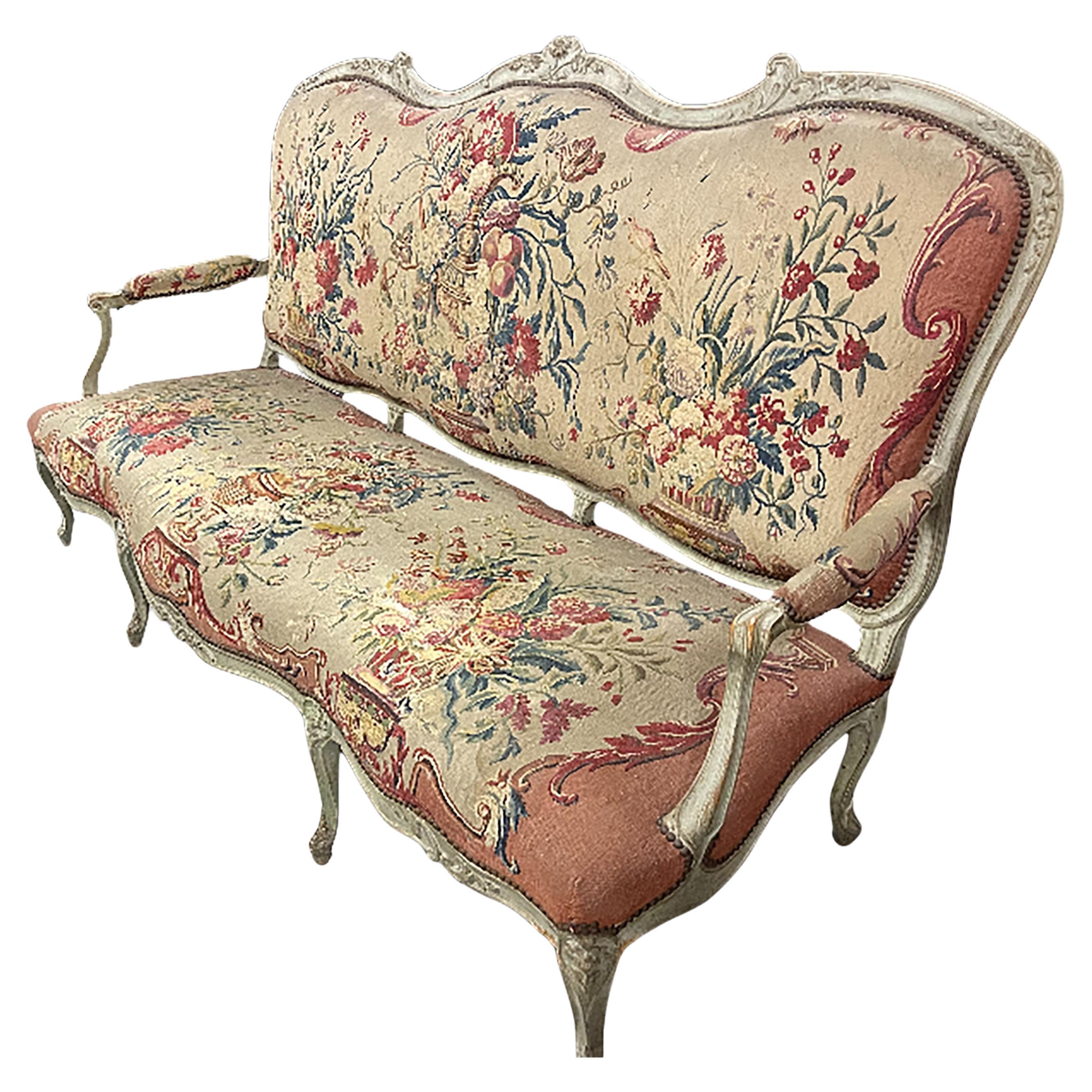 French Louis XV Tapestry Settee with Aubusson Original Tapestry Upholstery For Sale