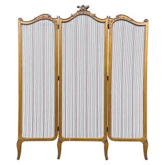 French Louis XV Three Panel Striped Upholstered Folding Screen Room Divider