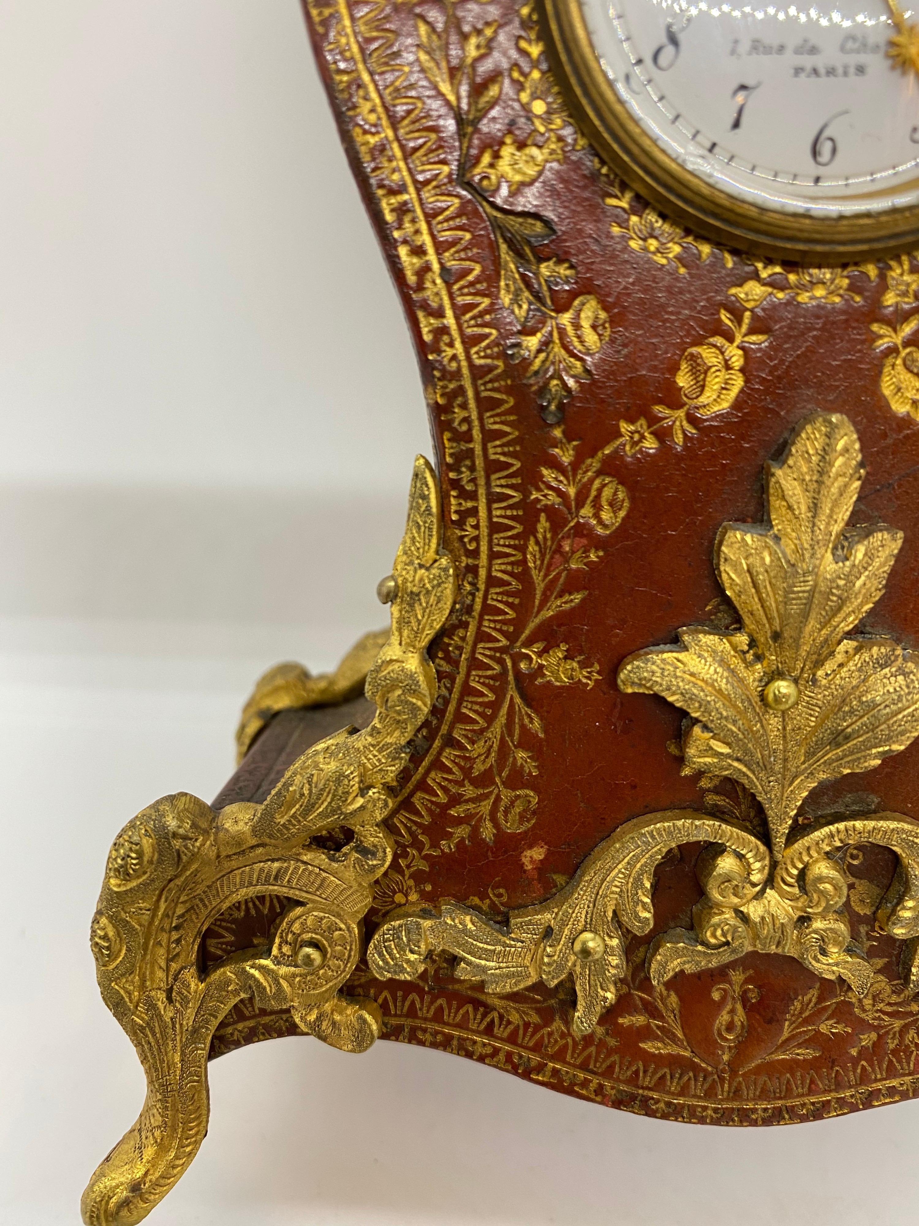 French Louis XV Tooled Leather Clock For Sale 4