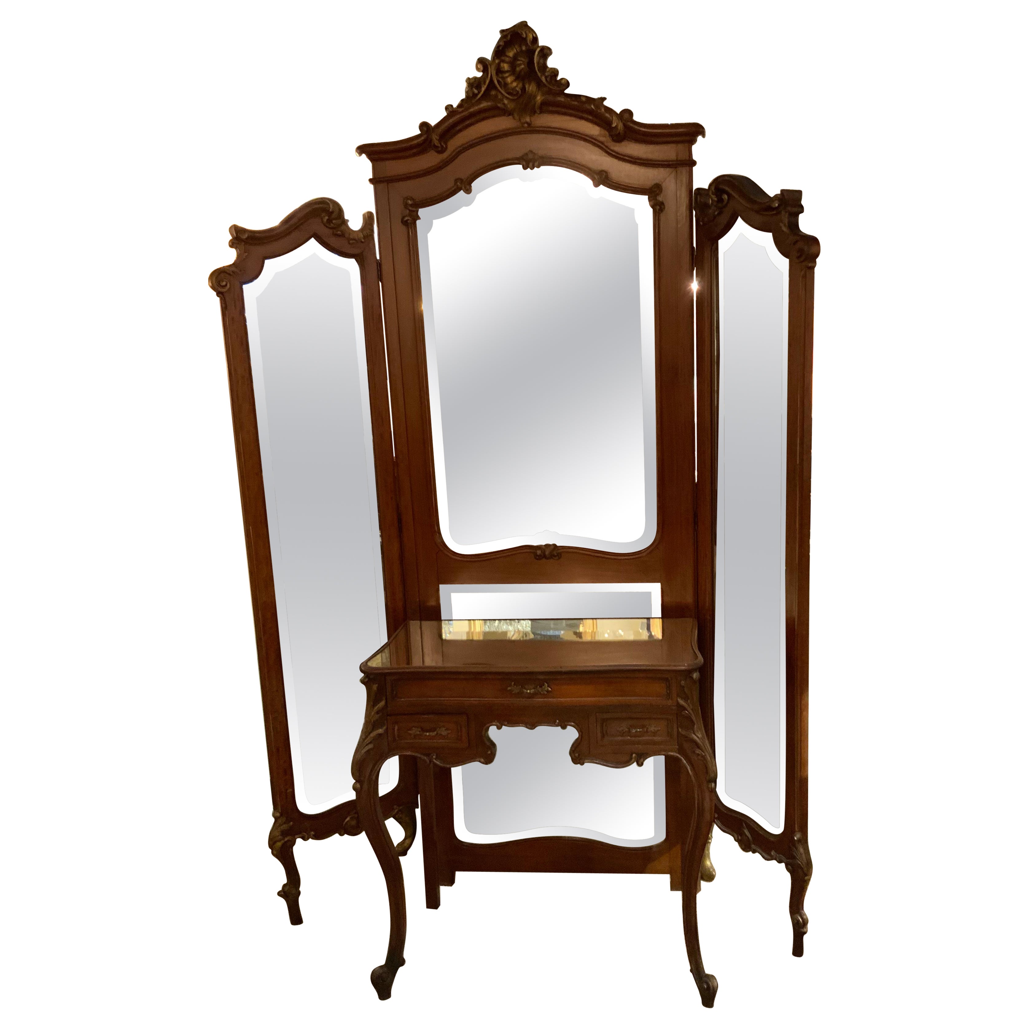 French Louis XV Tri-Fold Dressing Mirror with Separate Mirror Top Vanity Table
