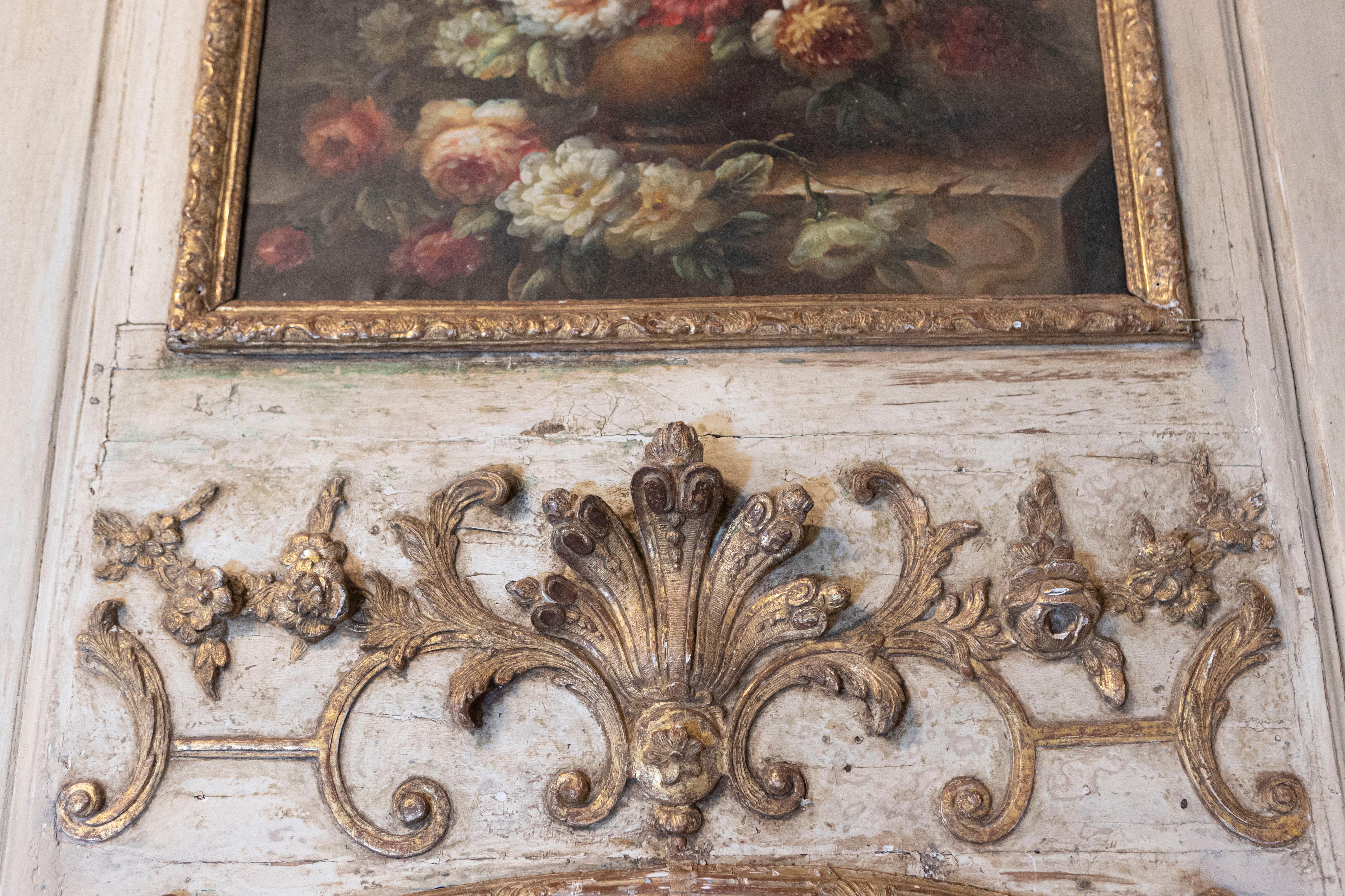 18th Century French Louis XV Trumeau Mirror with Original Oil Painting and Carved Gilt Motifs For Sale